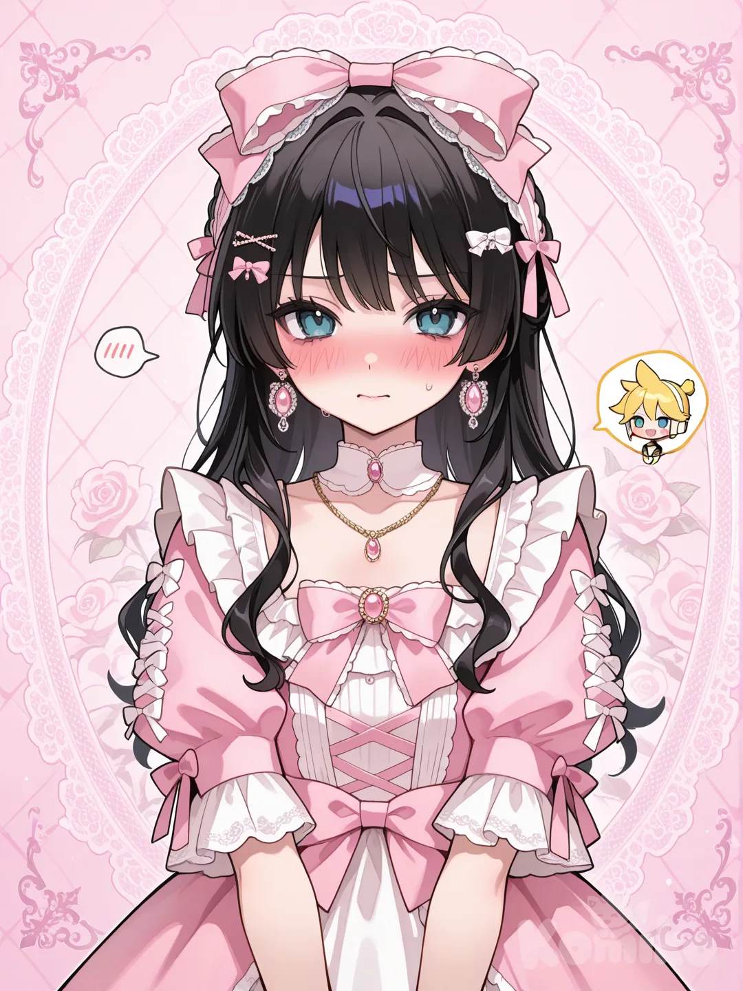 @Kagamine_Len穿粉色系的甜美蘿莉塔被拍照上傳，羞恥到不行 , ruffles, lace, bow, necklace, earrings, bracelet, hair accessory,black hair