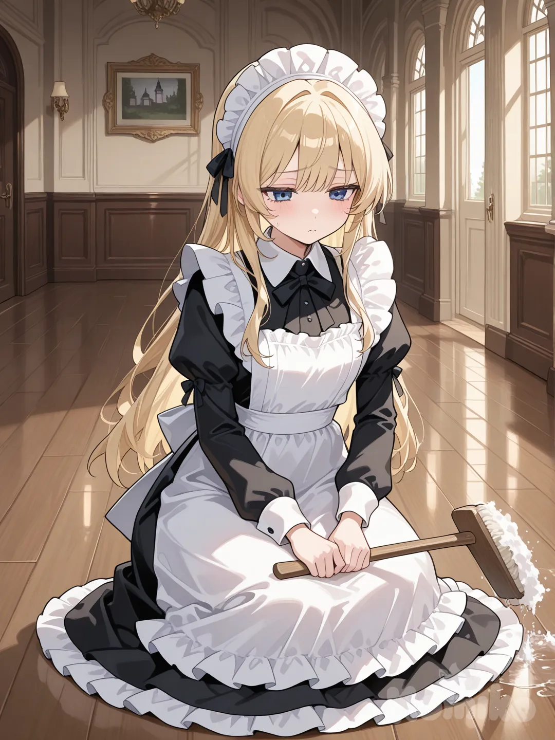 1 girl, sad,frown, maid apron, maid,blonde hair,cleaning floor,scrubbing,in mansion