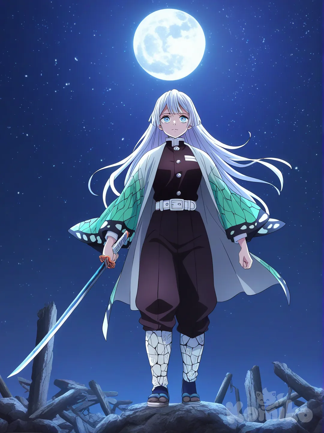 holding sword, expressionless, female Demon Slayer Corps uniform, 1girl, [bright-anime-style], long hair, white hair, ivory white, full body, front profile photo, ambient light, top light, ruins, starry sky, moon, haori have color is white and blue