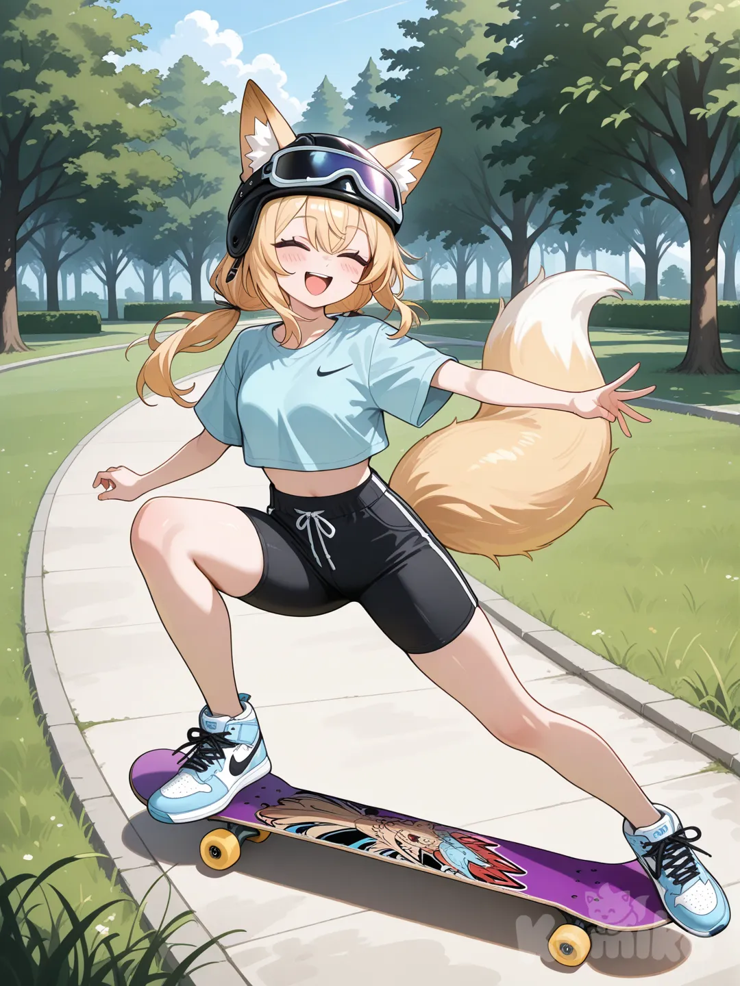 1 girl,on purple skateboard doing a spin,happy,skateboard helmet,at park,blonde hair,light blue crop top,black tight shorts,nike shoes, fox girl, laughing