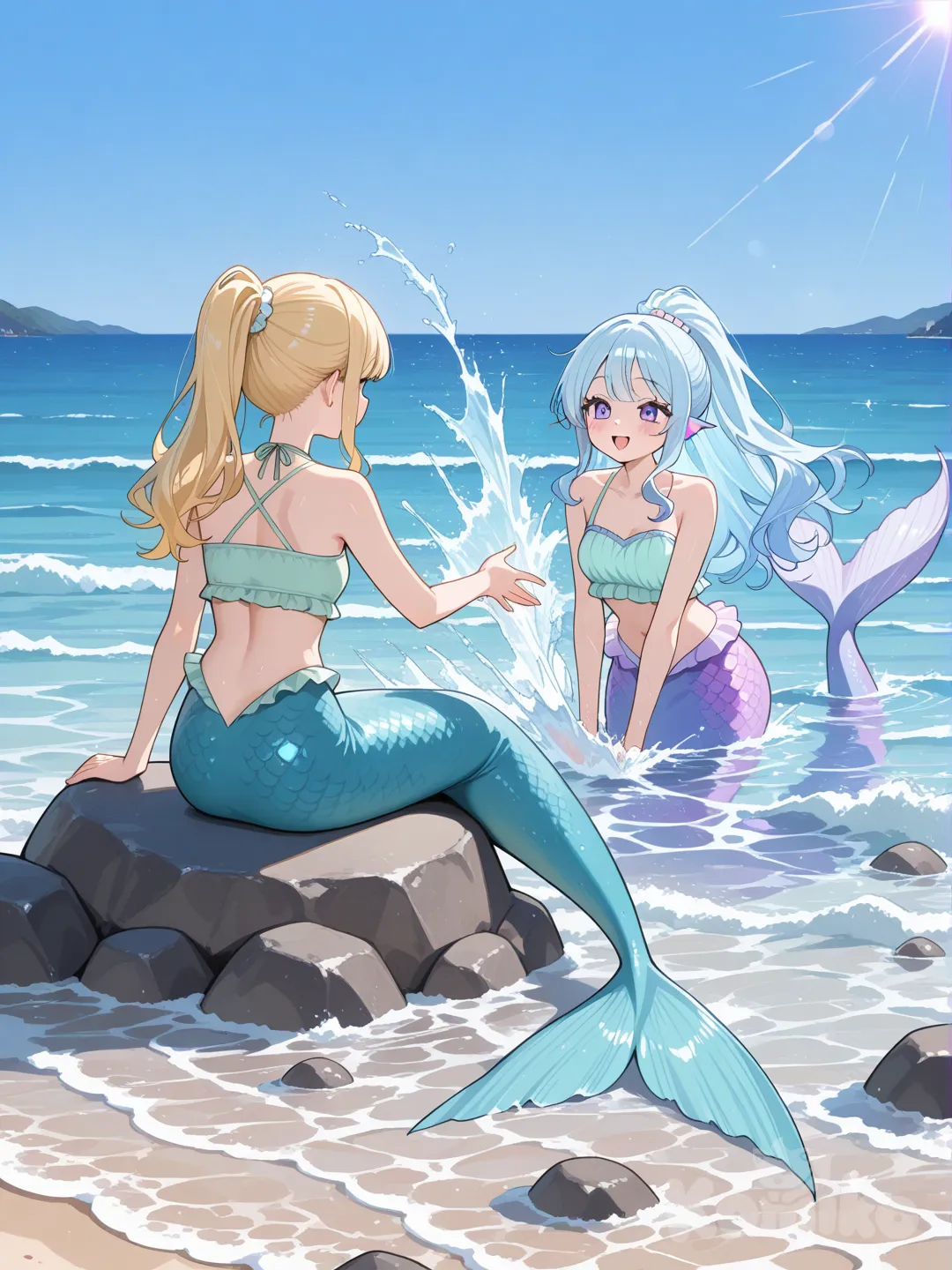 2 girls,purple and blue mermaid tails,on small rock,splashing water at each other,blonde hair,light blue hair,high ponytail,light green crop top,ocean,small waves
