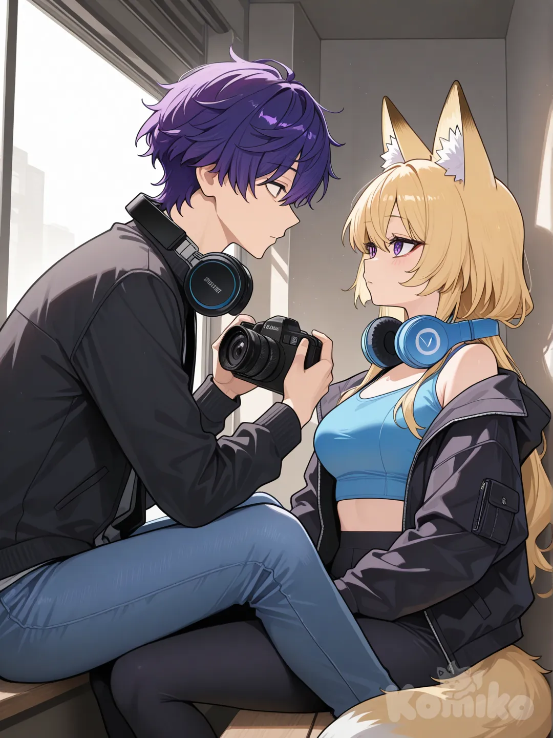 1 girl,long purple hair,purple fox ears, headphones around neck, holding camera at boy with jeans and a black jacket,girl sit with blue crop top and black leggings,stare at each other,blonde hair