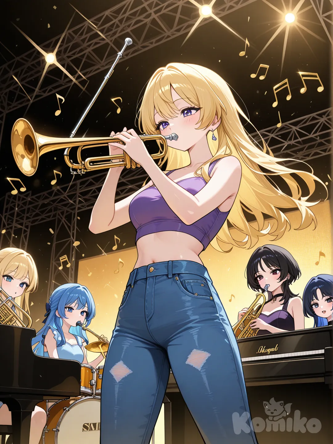 5 girls,2 blonde hair in left corner,black hair in middle,blue hair in right corner,one girl holds piano and plays,1 guitar,1 trombone,1 trumpet,1 does drums,concert backround,left 2 blue crop top,right purple crop top,middle black crop top,jeans,music notes all around,on stage