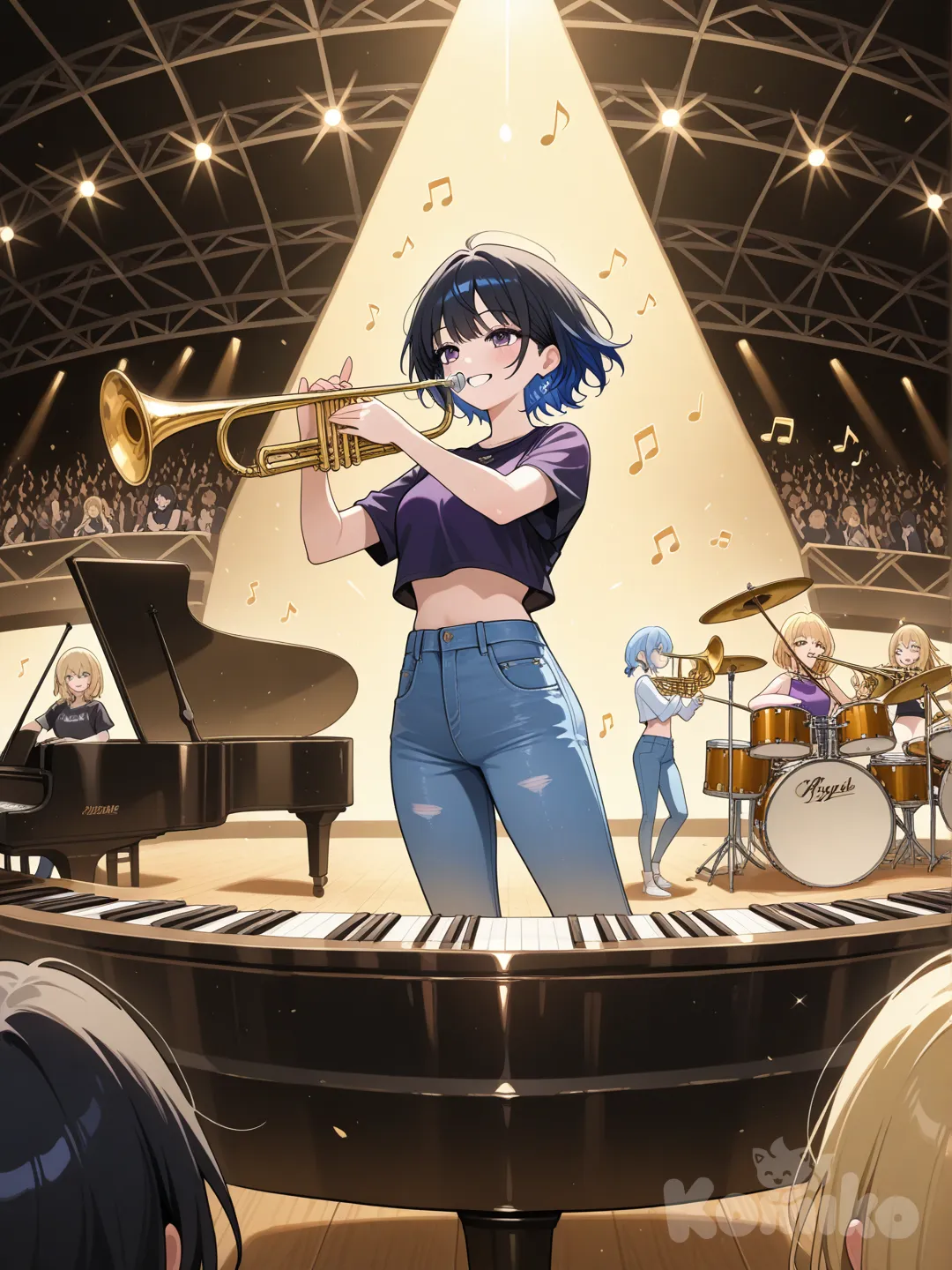 5 girls,2 blonde hair in left corner,black hair in middle,blue hair in right corner,one girl holds piano and plays,1 guitar,1 trombone,1 trumpet,1 does drums,concert backround,left 2 blue crop top,right purple crop top,middle black crop top,jeans,music notes all around