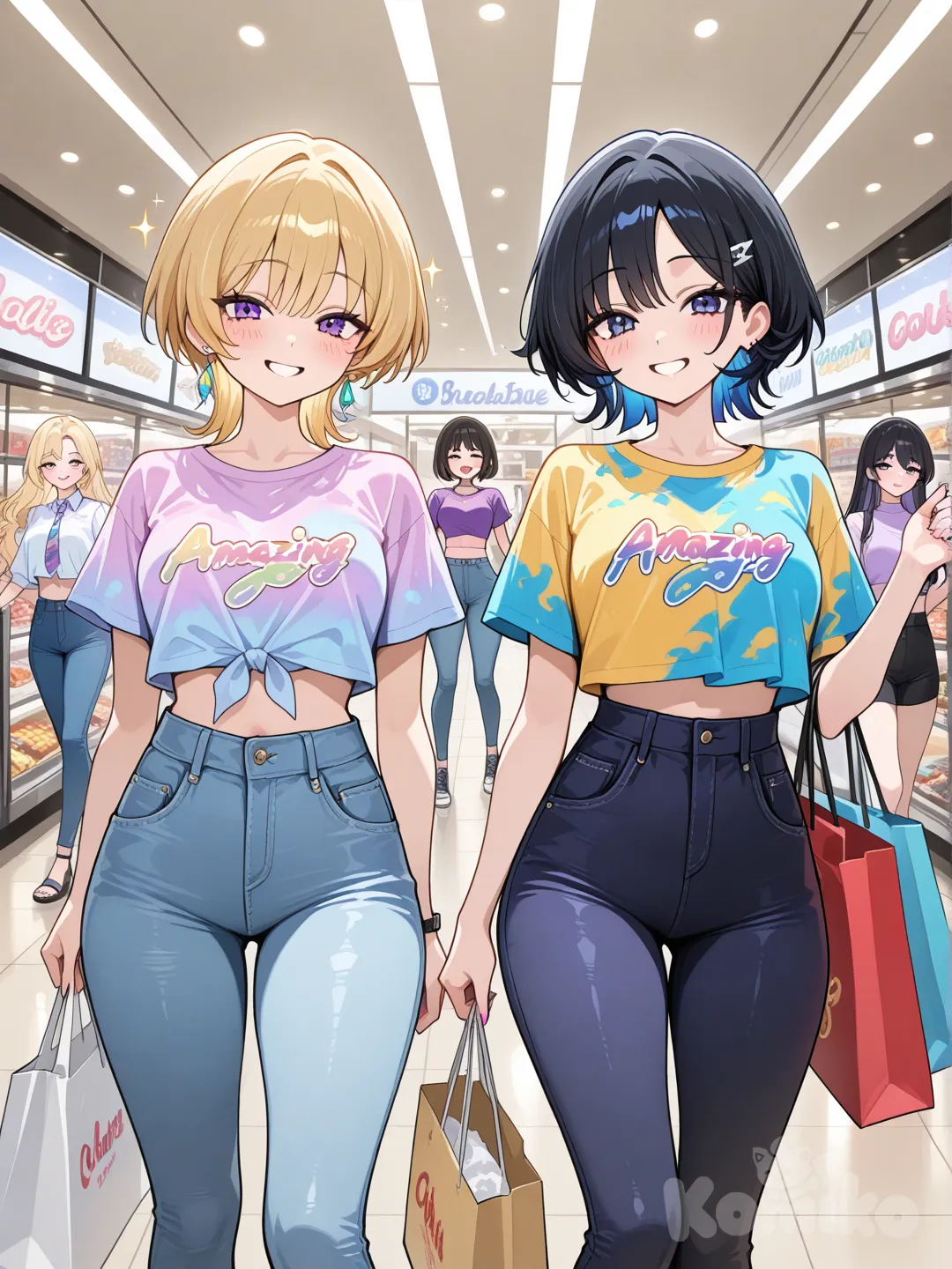 multiple girls, holding shopping bags,in the mall,smiles,blonde and black short hair,2 tie dye shirt,2 blue and purple crop top,jeans,tight leggings