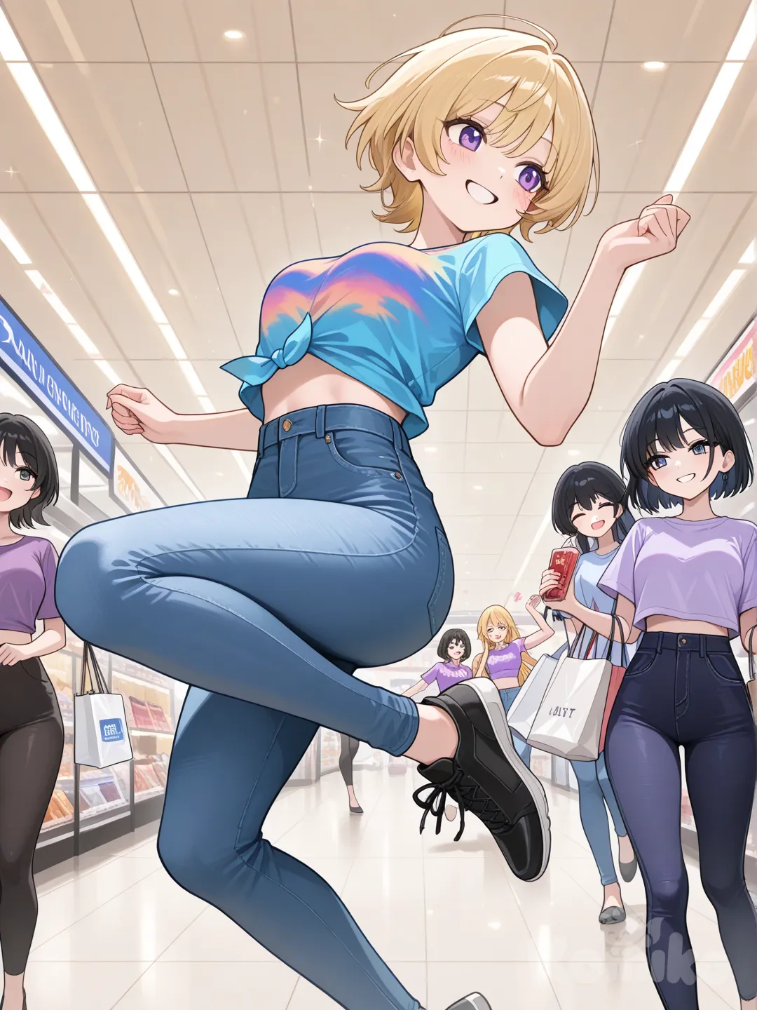 multiple girls, holding shopping bags,in the mall,smiles,blonde and black short hair,2 tie dye shirt,2 blue and purple crop top,jeans,tight leggings,some jumping