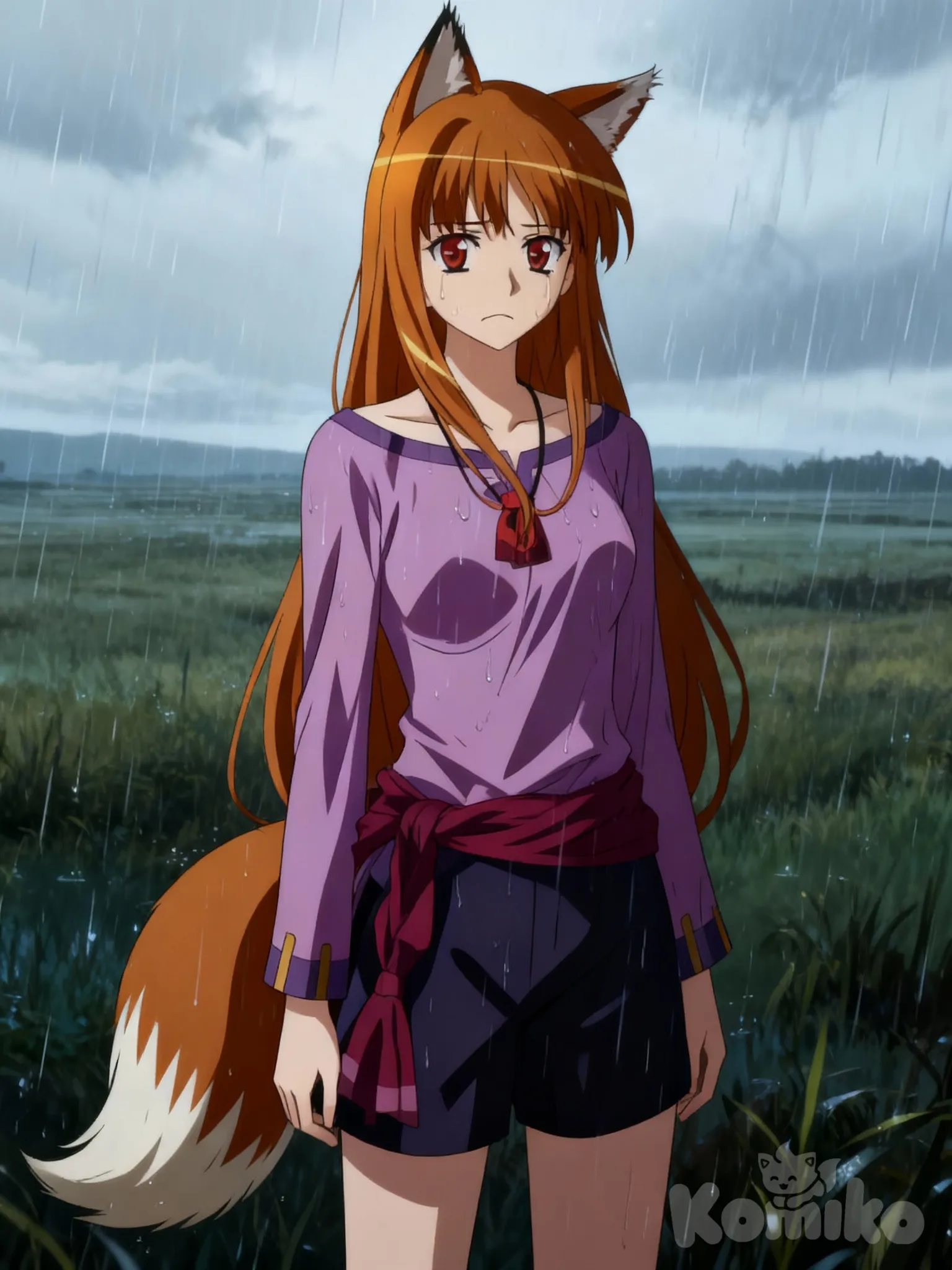 raining,in field,sad,frown