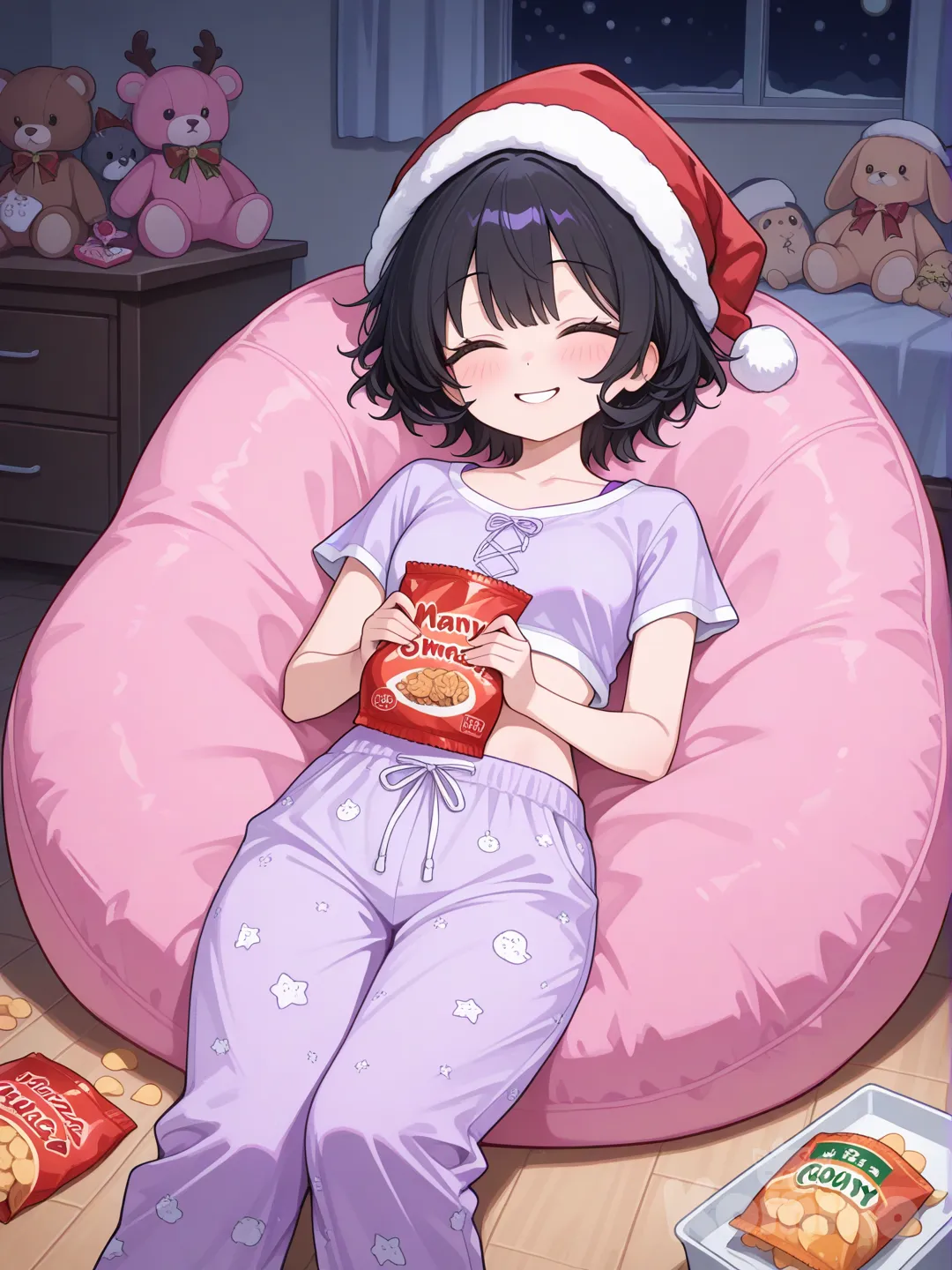 1 girl,black short hair,lay on beanbag,eyes closed,smile,snacks,bedroom,full of stuffies,purple comfy crop top,pajama pants,santa hat