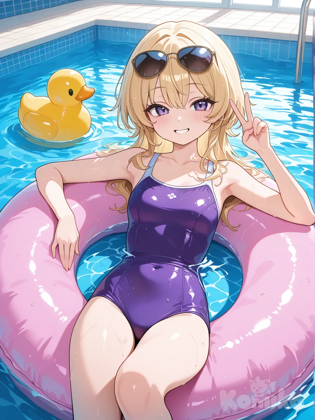 1 girl,swimming in a pool,laying on blow up duck,sunglasses, light blue and purple one-piece swimsuit, smile, peace symbol, blonde hair