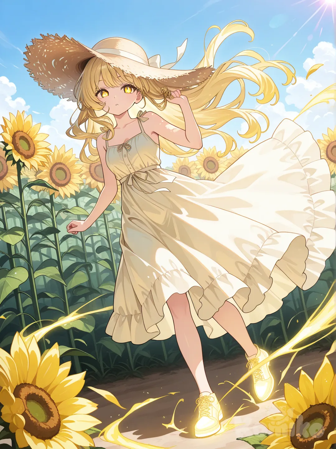 Flowing light-yellow sundress, straw hat, and lace-up She twirls through a sunflower field, holding her hat as golden energy radiates from her footsteps.