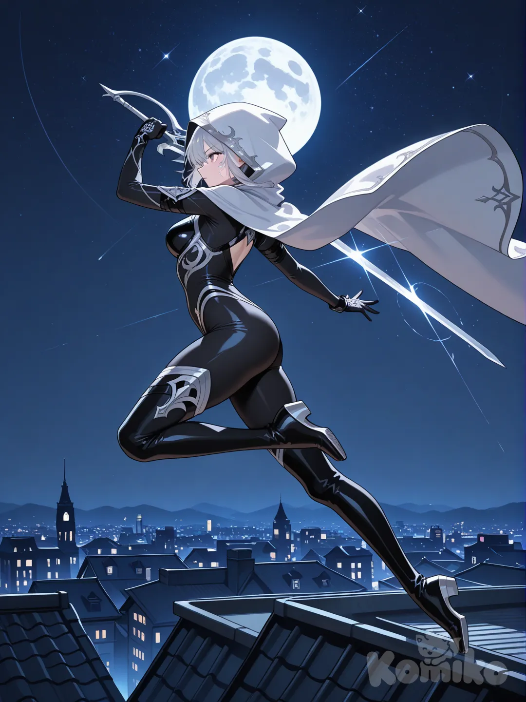 A sleek black bodysuit with silver moon patterns, thigh-high boots, and a hooded cloak.
She leaps from a rooftop, cloak billowing behind her as she draws a crescent-shaped blade midair.