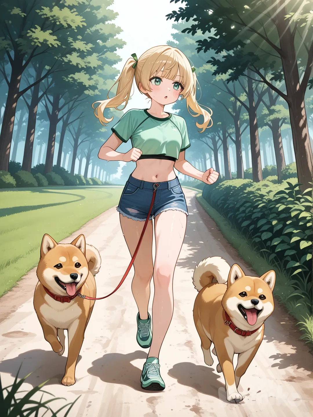 1 girl,crop top mint,short jeans, walking black shiba inu, jogging through park/trail,blonde twin ponnytails