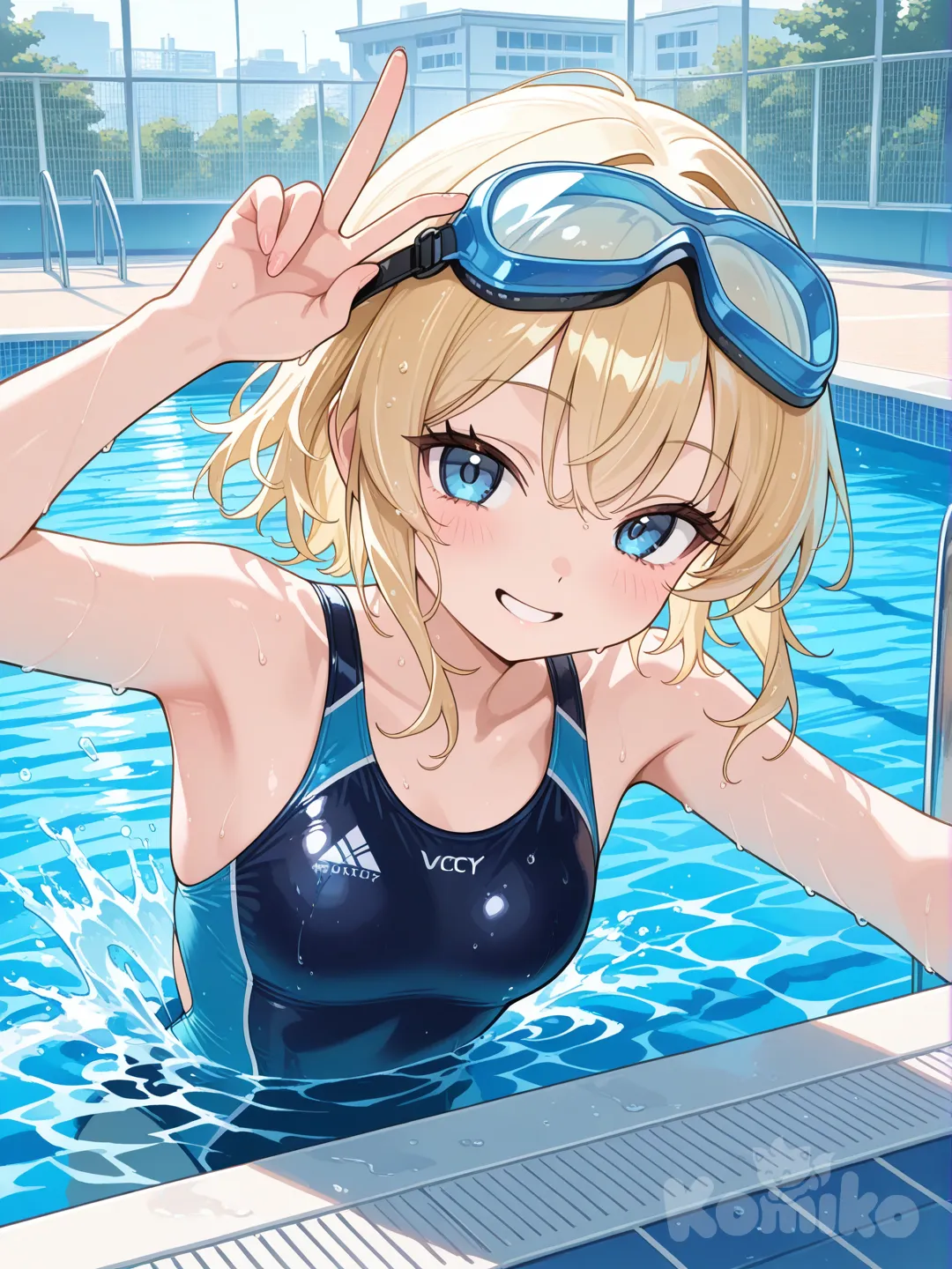 1 girl,swimming in a pool,goggles, smile, peace symbol, blonde hair, competition swimsuit