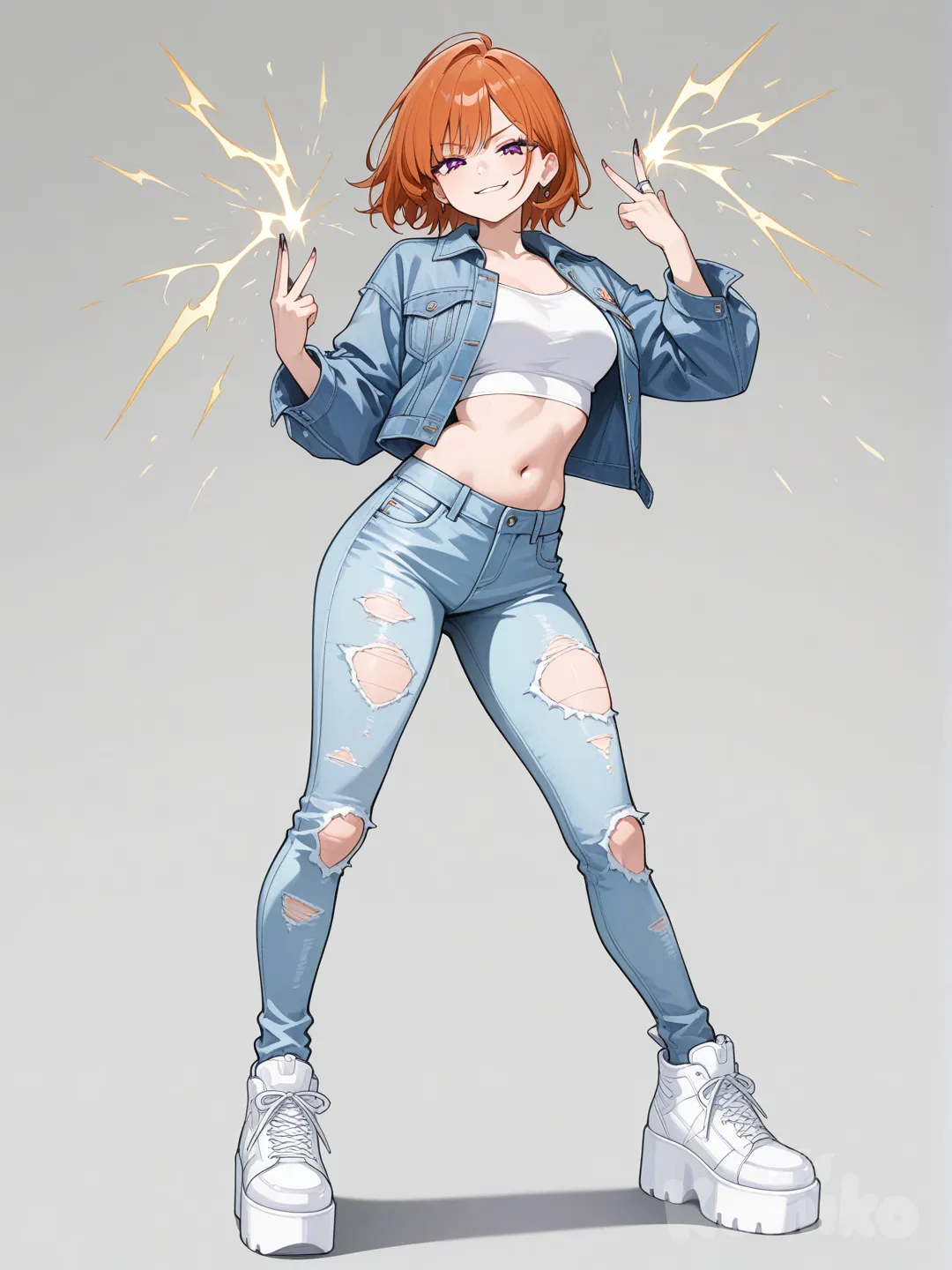 Trendy denim jacket, white crop top, ripped jeans, and chunky platform sneakers.
snaps her fingers and an electric spark jumps between her fingertips as she smirks confidently.