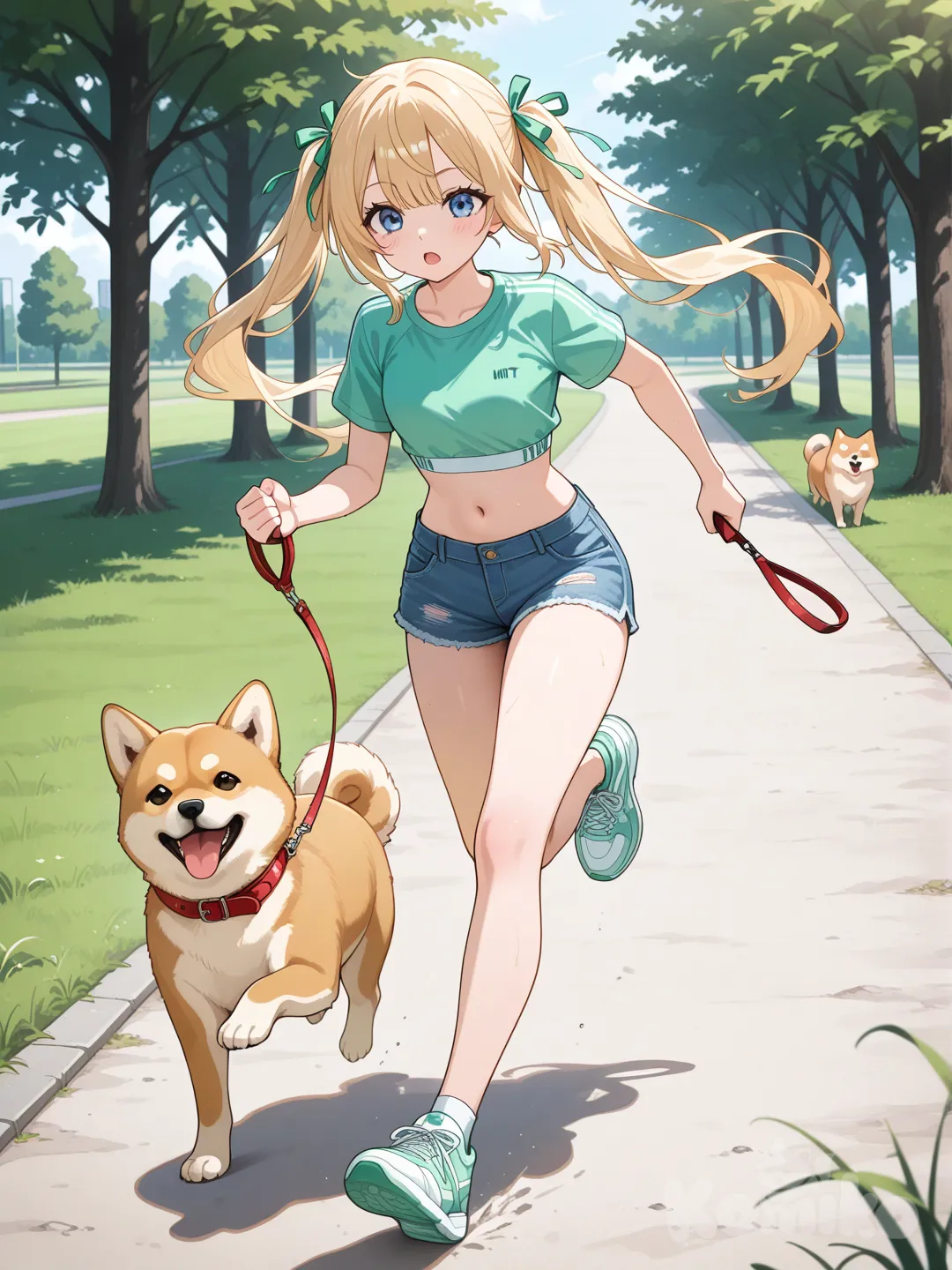 1 girl,crop top mint,short jeans, walking shiba inu, jogging through park/trail,blonde twin ponnytails