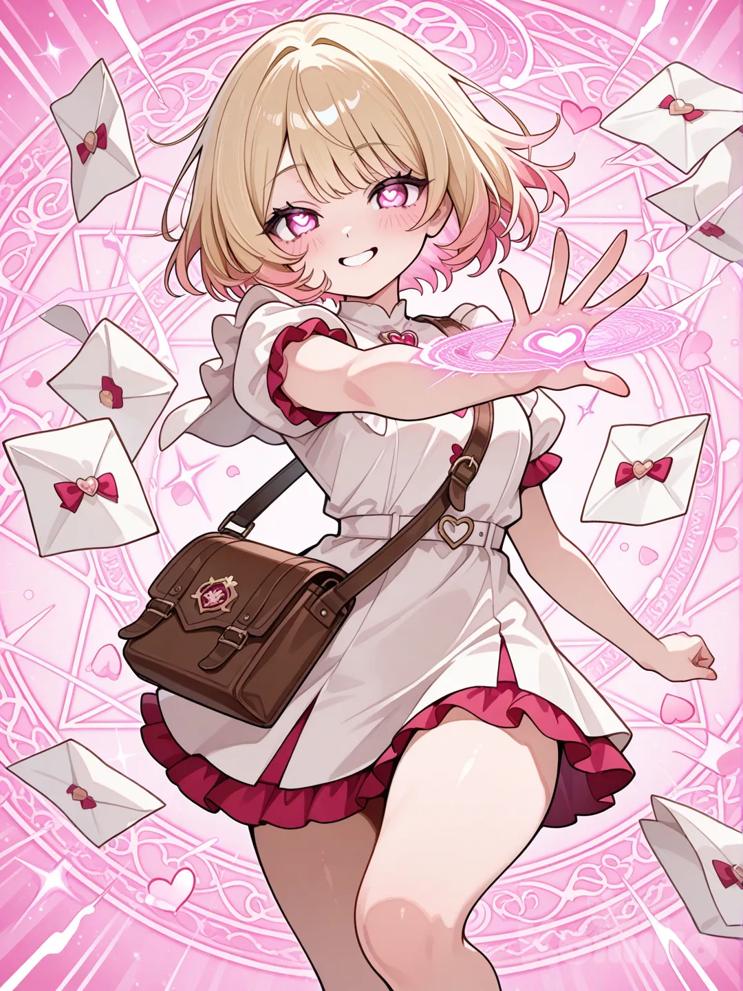 Action: Throwing glowing envelopes that zoom through the air
Hair: Soft strawberry-blonde in a bouncy bob
Eyes: Pink heart-shaped pupils
Clothes: Short red-and-white uniform, mailbag with magic seals
Vibe: Friendly, fast, loves spreading joy