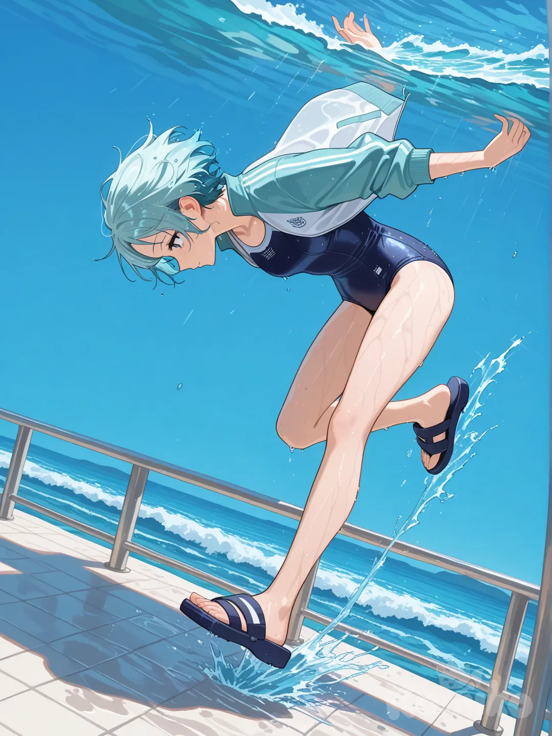 Light teal swim-team jacket, navy one-piece swimsuit underneath, and waterproof sandals.
She dives gracefully from a railing into the ocean, cutting through the water like a knife.