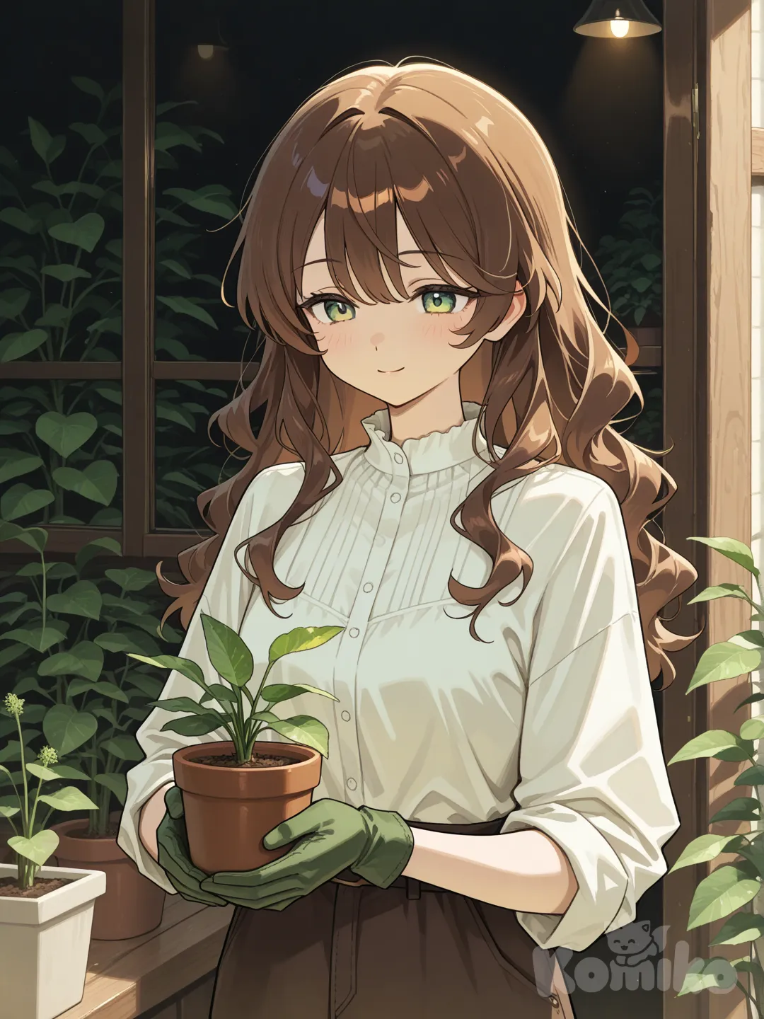 Action: Checking the leaves on a potted plant
Hair: Mossy-brown waves
Eyes: Light green
Clothes: Rolled-up sleeves, gardening gloves
Personality: Gentle, soft-spoken, observant