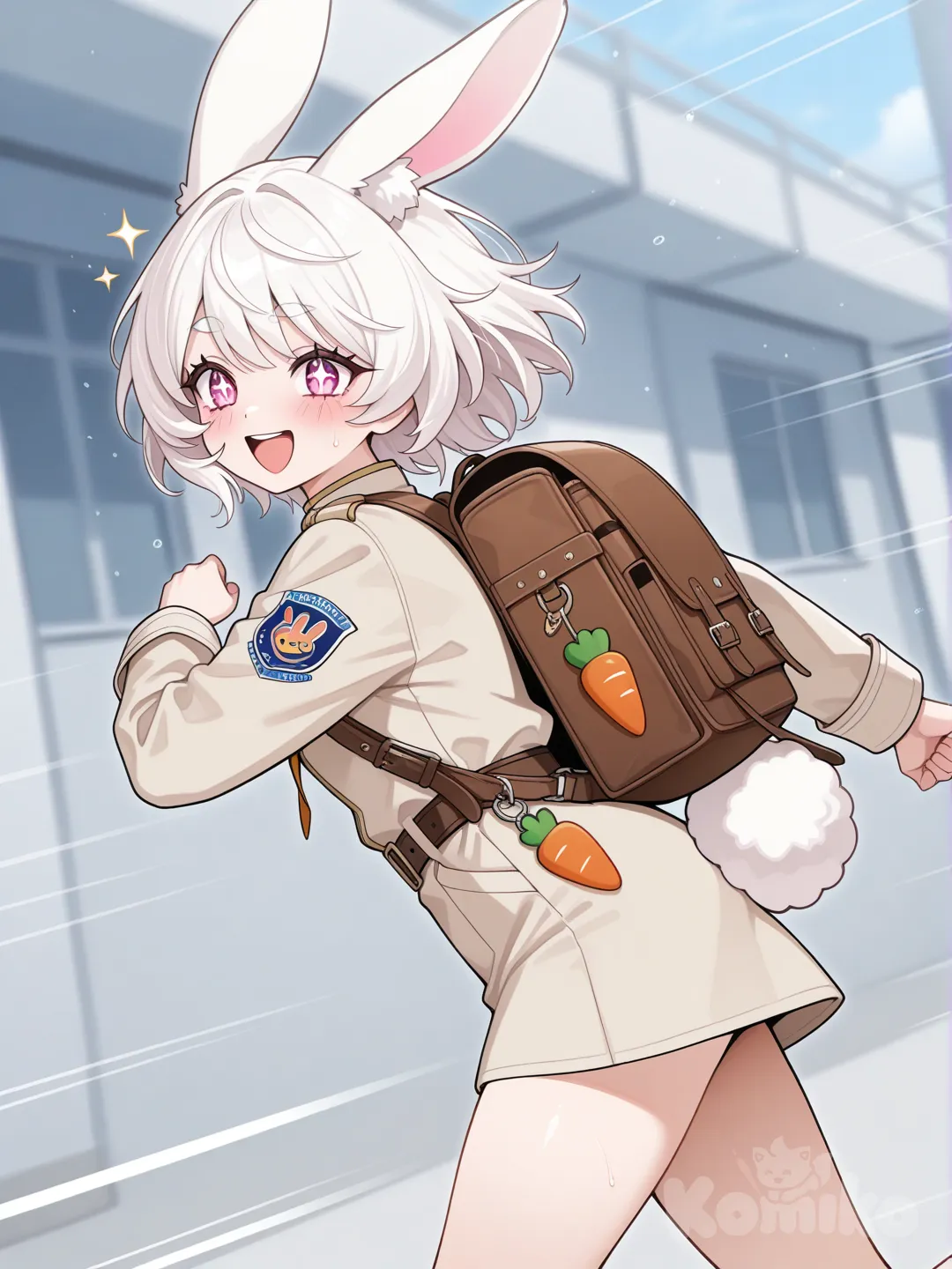 Action: Sprinting so fast her silhouette blurs
Hair: Short snowy-white hair with two fluffy bunny ears
Eyes: Soft pink eyes that shimmer when excited
Clothes: Light brown messenger outfit, big backpack full of letters, tiny carrot keychain
Vibe: Hyperactive, cheerful, always in a hurry