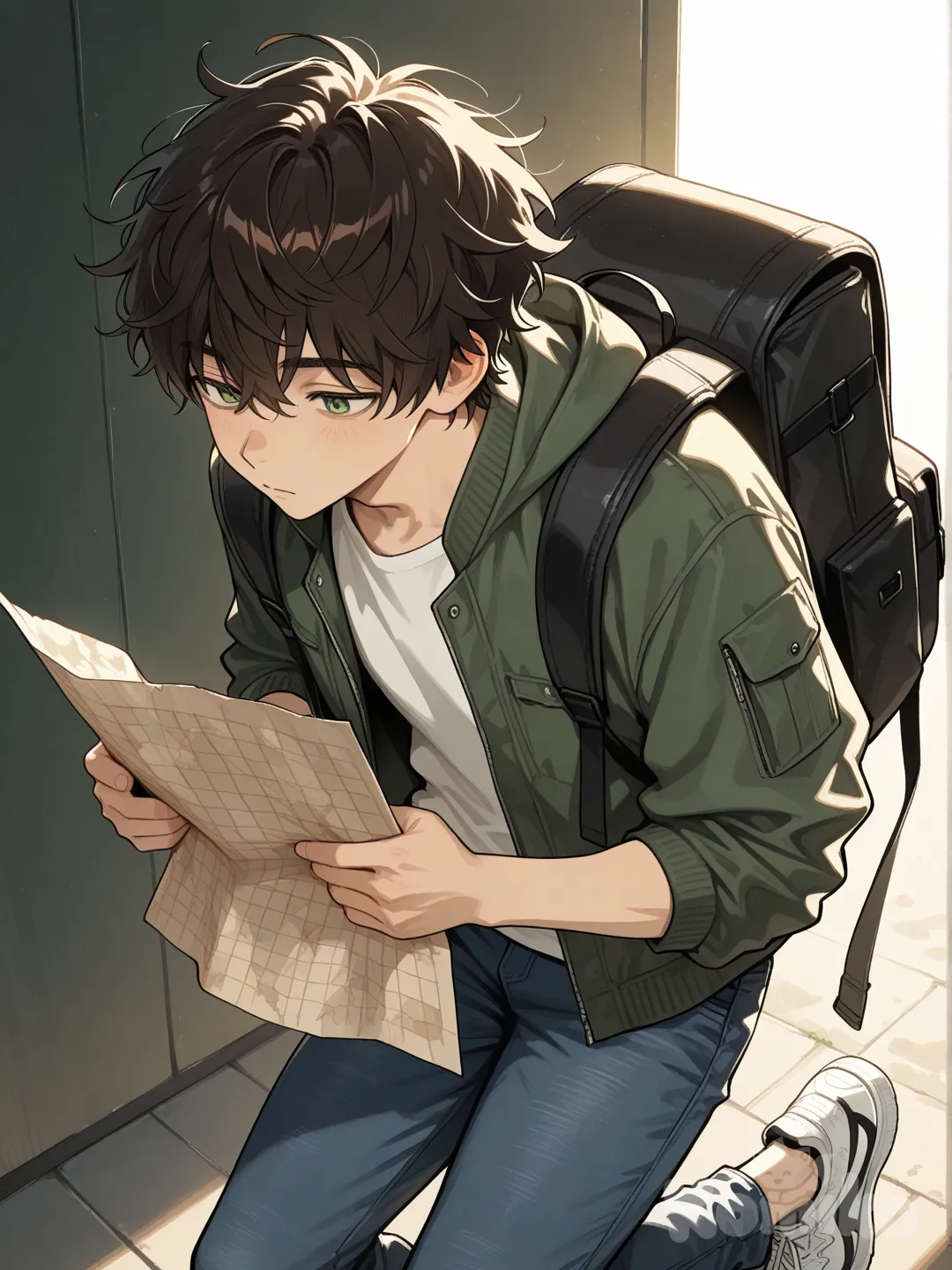 Action: Adjusting his backpack straps while reading a map
Hair: Dark chestnut, slightly messy
Eyes: Deep olive green
Clothes: Casual jacket, white shirt, rolled jeans, comfy shoes
Personality: Introverted, gentle, likes exploring