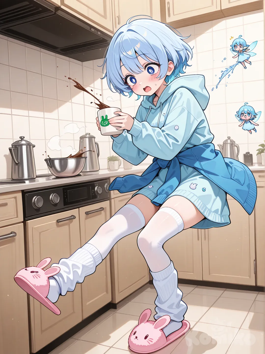Light-blue hoodie dress, long socks, and soft slippers with bunny ears.
She jumps in surprise, nearly dropping her mug of cocoa as a small water sprite pops out of her sink.