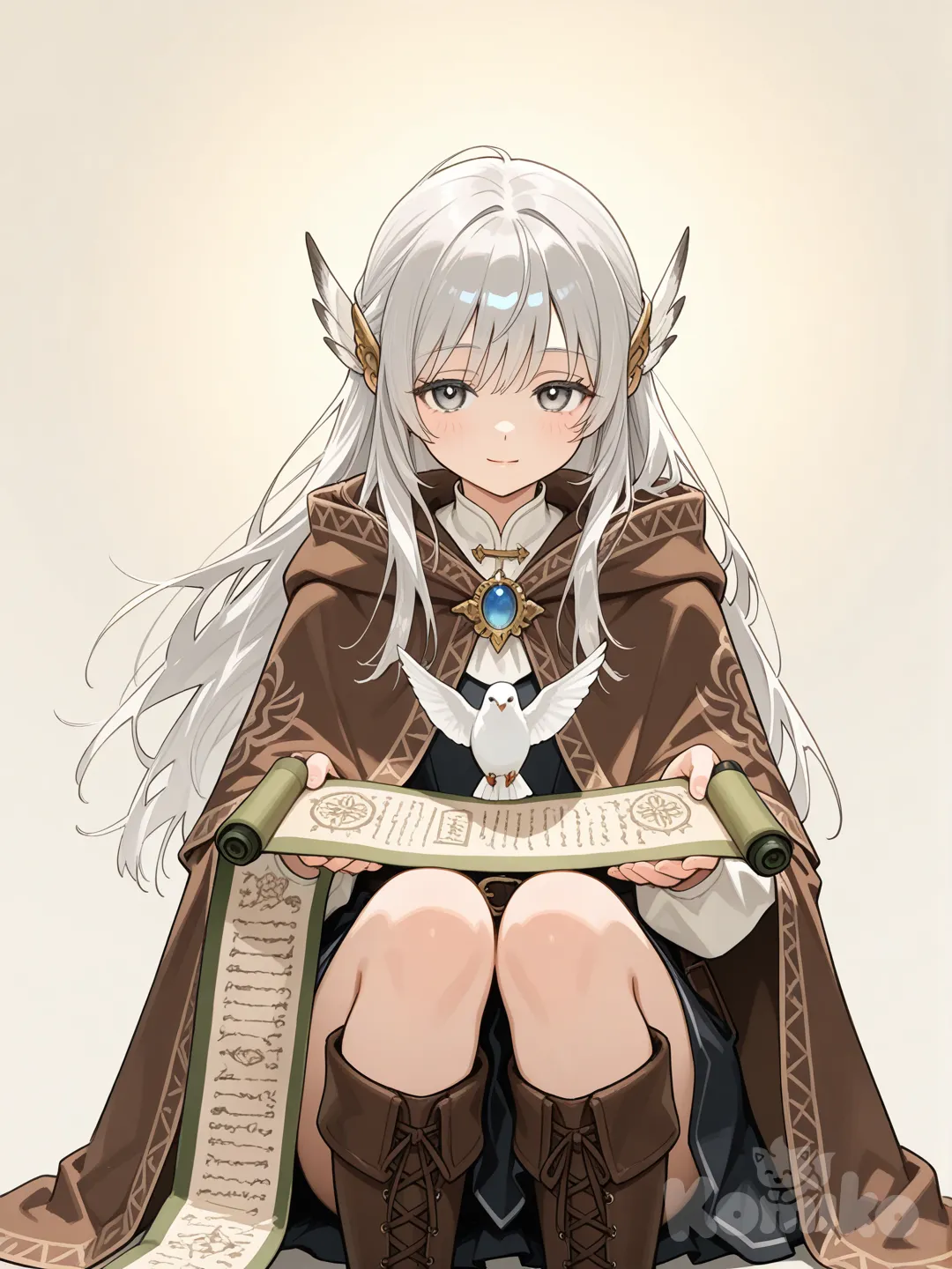 Action: Sending a white dove carrying a tiny scroll
Hair: Soft silver hair gently ruffled
Eyes: Pure pale-gray eyes with a ring of gold
Clothes: Light traveler’s cloak, feather brooch, knee-high boots
Vibe: Kind, peaceful, thoughtful