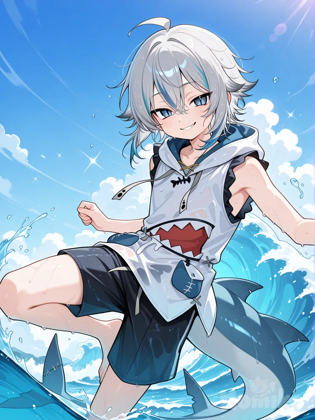 Action: Leaping from water with a shimmer splash
Hair: Dark gray hair with a fin-shaped tuft
Eyes: Sharp blue eyes with slit pupils
Clothes: Sleeveless swim hoodie, shark-tail accessory, board shorts
Vibe: Playful, cocky, but friendly