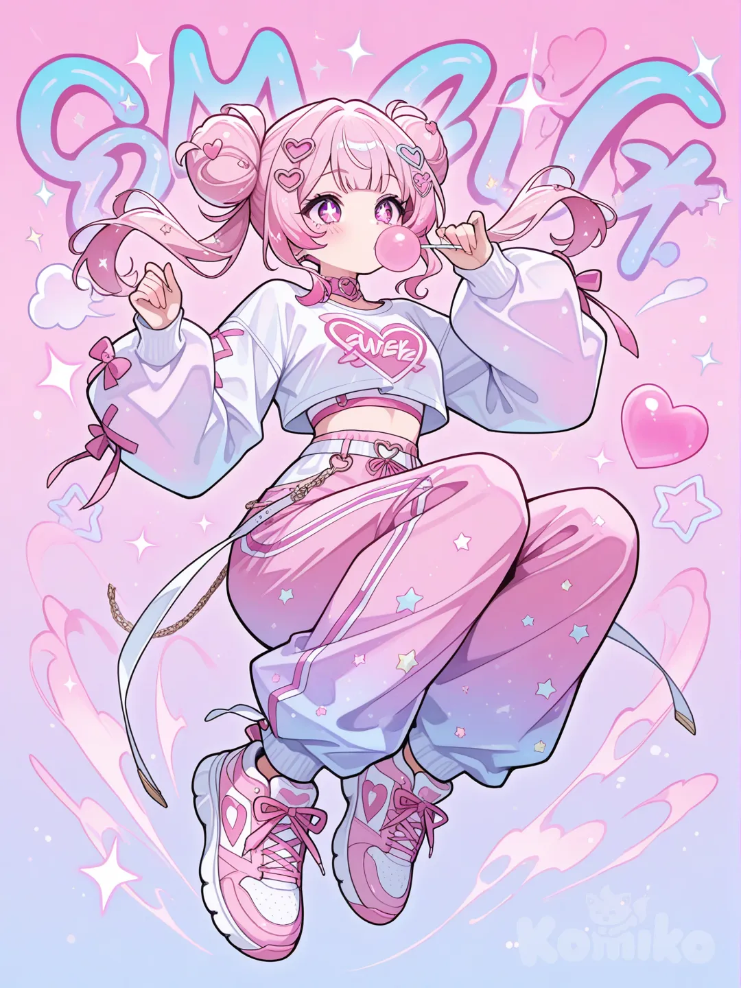 Action: Doing a mid-air spin kick while blowing a huge pink bubble
Hair: Vibrant bubblegum-pink twin buns with scattered heart clips
Eyes: Hot-pink eyes with little star highlights
Clothes: Neon crop top, baggy pants covered in graffiti hearts, high-top sneakers
Vibe: Playful, energetic, attention-grabbing