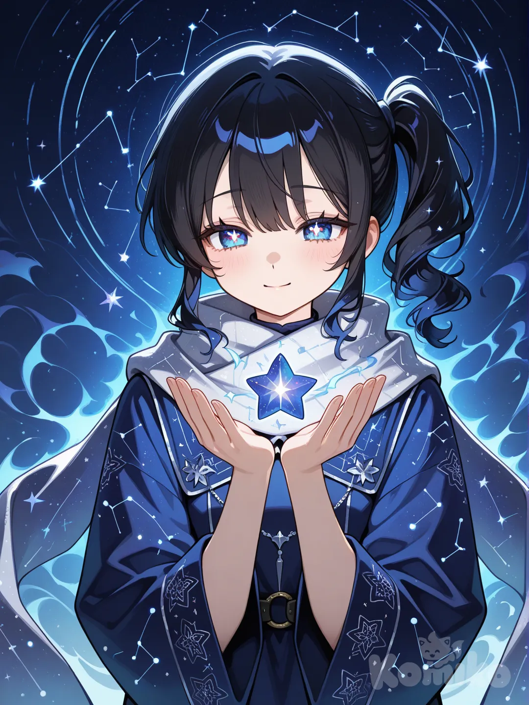Action: Holding a glowing star map that floats above her palms
Hair: Midnight-black hair with tiny sparkles woven in, tied in a side ponytail
Eyes: Gradient gold-to-blue eyes shaped like tiny stars
Clothes: Navy robe with constellations embroidered in silver thread, long scarf that floats like night mist
Vibe: Mysterious, soft-spoken, comforting