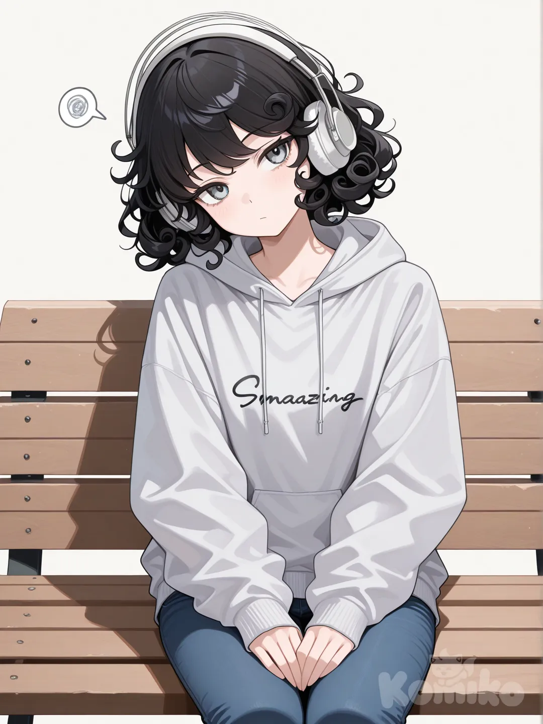Action: Nodding to music while sitting on a bench
Hair: Matte black with a soft curl
Eyes: Gray
Clothes: Hoodie, headphones, jeans
Personality: Relaxed, thoughtful, quiet