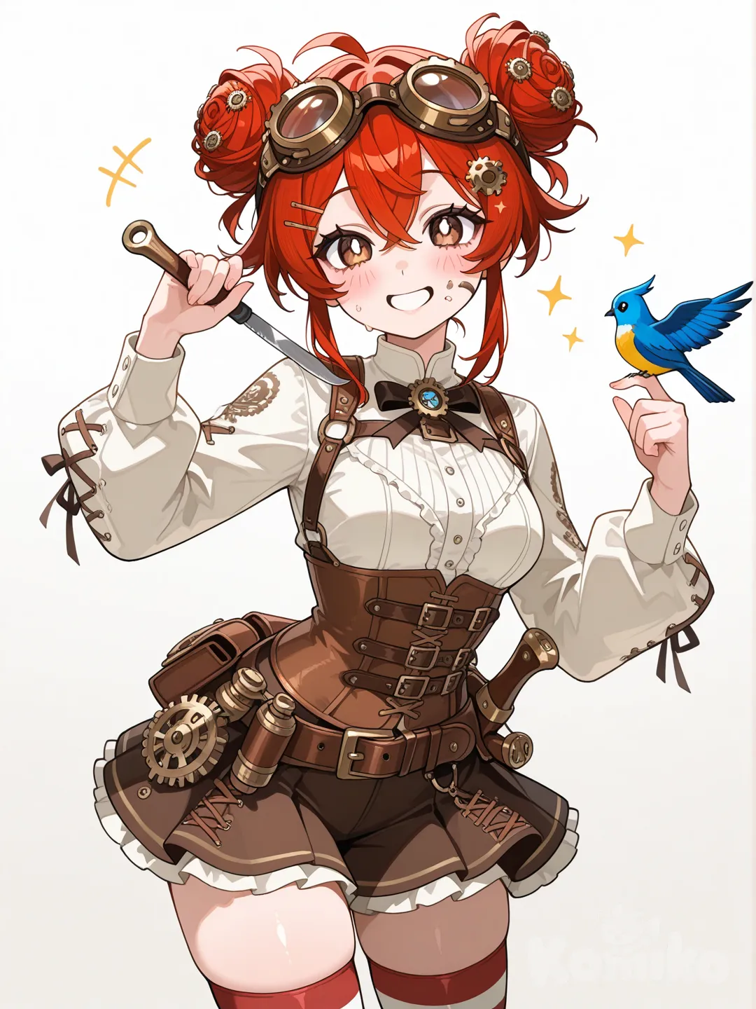 Action: Adjusting a mechanical bird perched on her finger
Hair: Copper-red hair tied in twin messy buns with gear-shaped clips
Eyes: Hazel eyes with rotating gear-like designs around the irises
Clothes: Brown corset, tool belt, goggles on her head, striped stockings
Vibe: Excitable, brilliant, adorable grease smudges on her cheeks
