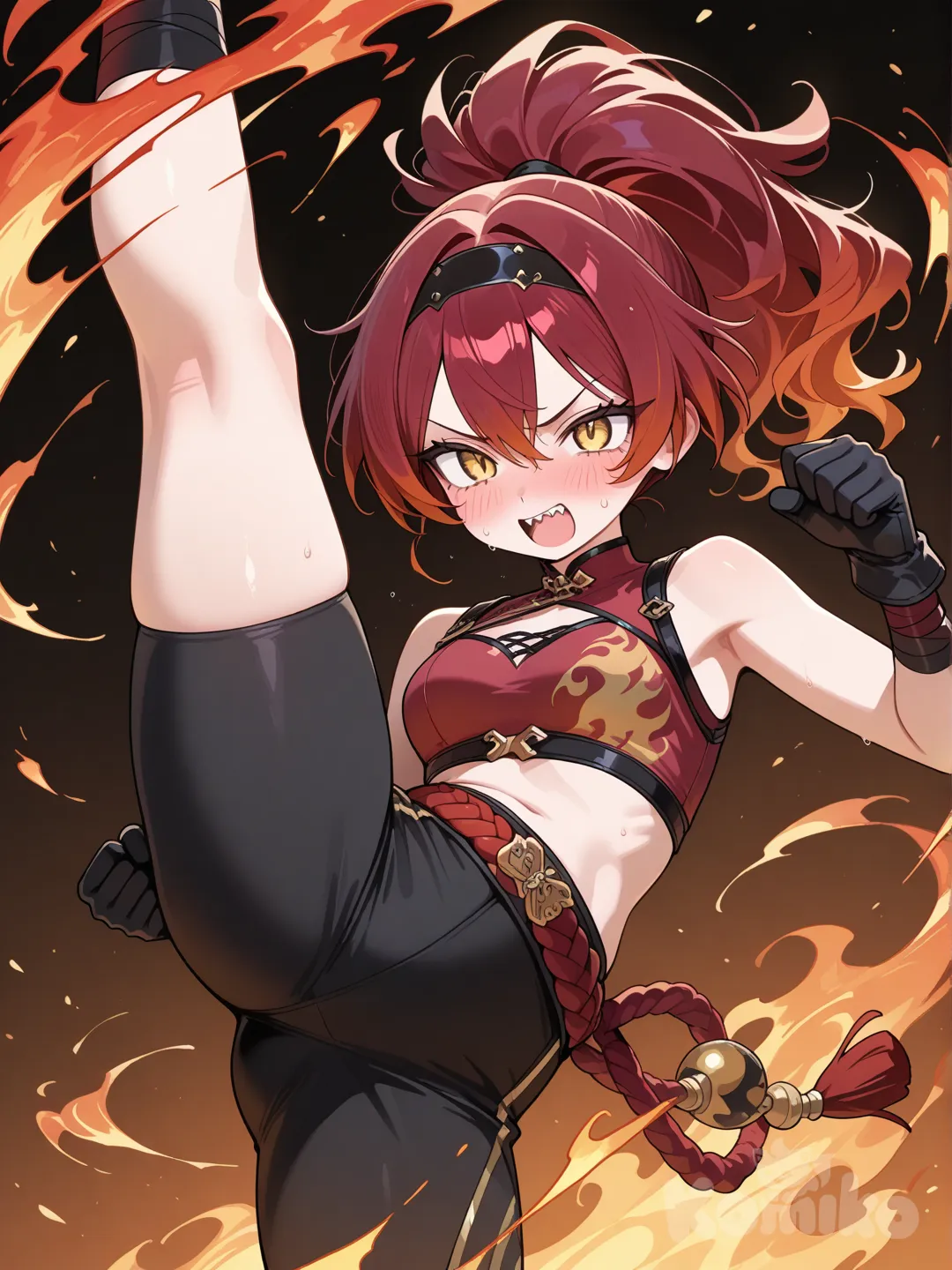 Action: Performing a spinning kick with flames swirling from her feet
Hair: Wavy dark-red ponytail tied high with a black band
Eyes: Golden eyes with sharp cat-like angles
Clothes: Red sleeveless gi, black gloves, flame-pattern belt, wrapped ankles
Vibe: Fierce but adorable when flustered