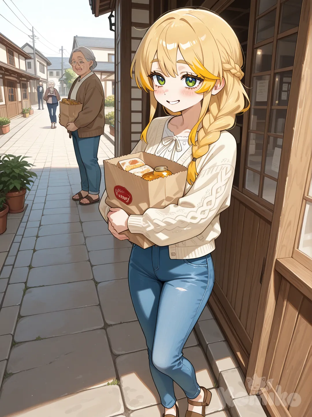Action: Carrying grocery bags to help an elderly neighbor
Hair: Honey-blonde in a loose braid
Eyes: Green with yellow flecks
Clothes: Casual cardigan, jeans, sandals
Personality: Warmhearted, dependable