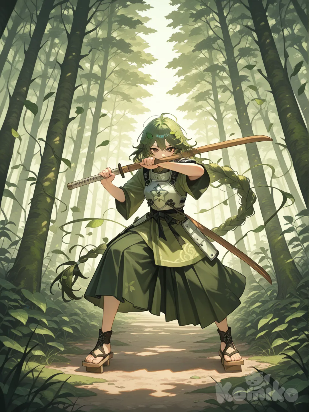Action: Spinning twin wooden swords surrounded by leaves
Hair: Long forest-green hair braided with vines
Eyes: Warm hazel eyes with leaf-shaped reflections
Clothes: Moss-green tunic, light armor plates, wooden sandals
Vibe: Calm, graceful, protective of nature