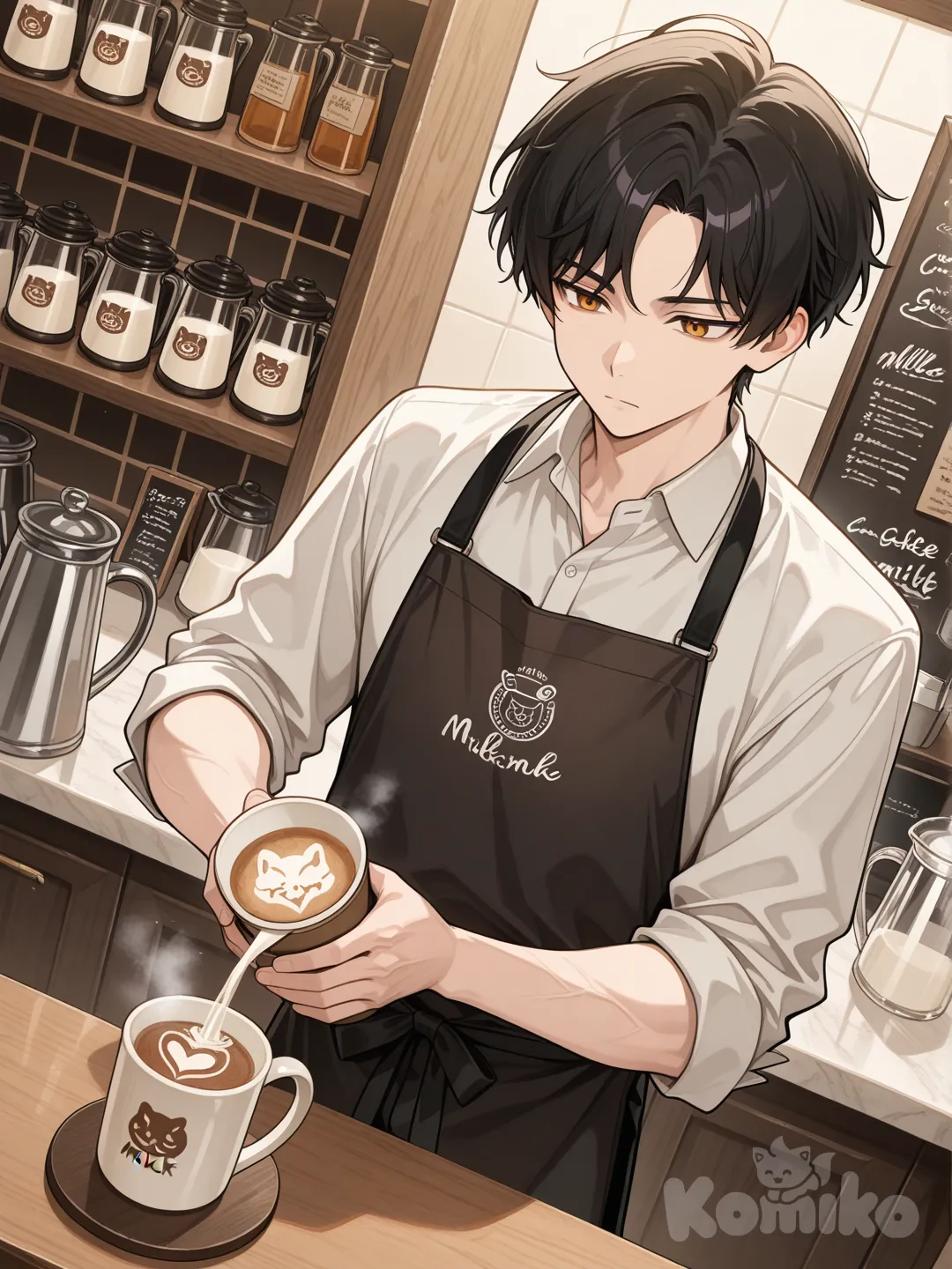 Action: Pouring latte art with total focus
Hair: Short black hair with a neat side part
Eyes: Warm amber
Clothes: Apron with rolled sleeves, black slacks
Personality: Relaxed, reliable, quietly charming