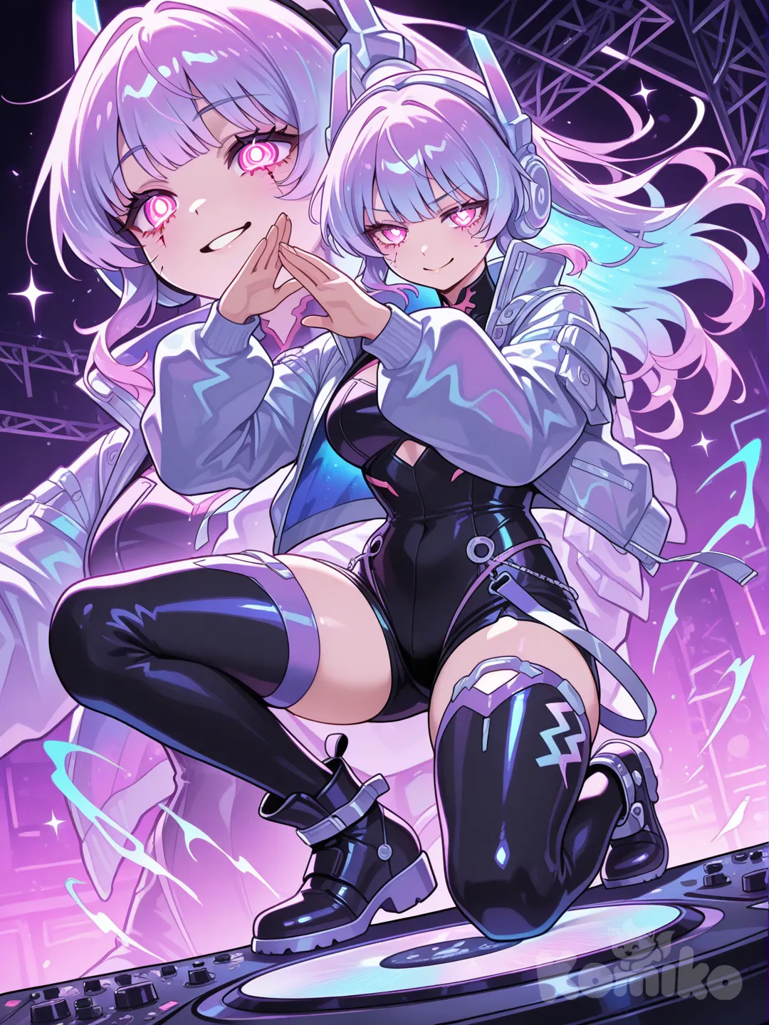 Action: Mixing neon sound disks in mid-air
Hair: Neon purple with glowing lines
Eyes: Digital pink eyes shaped like triangles
Clothes: Futuristic jacket, glowing headphones, cyber boots
Vibe: Cool, stylish, radiates beats