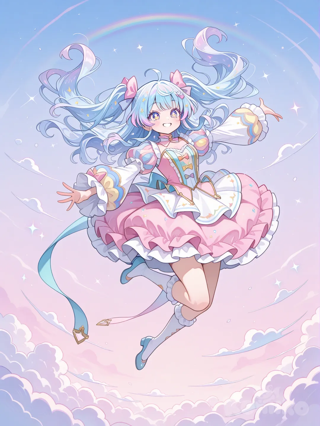 Action: Performing flips on pastel-colored floating clouds
Hair: Sky-blue wavy hair with rainbow-colored tips
Eyes: Rainbow-gradient eyes that sparkle like candy
Clothes: Puffy pastel circus outfit with cloud-shaped sleeves
Vibe: Cheerful, whimsical, full of wonder
