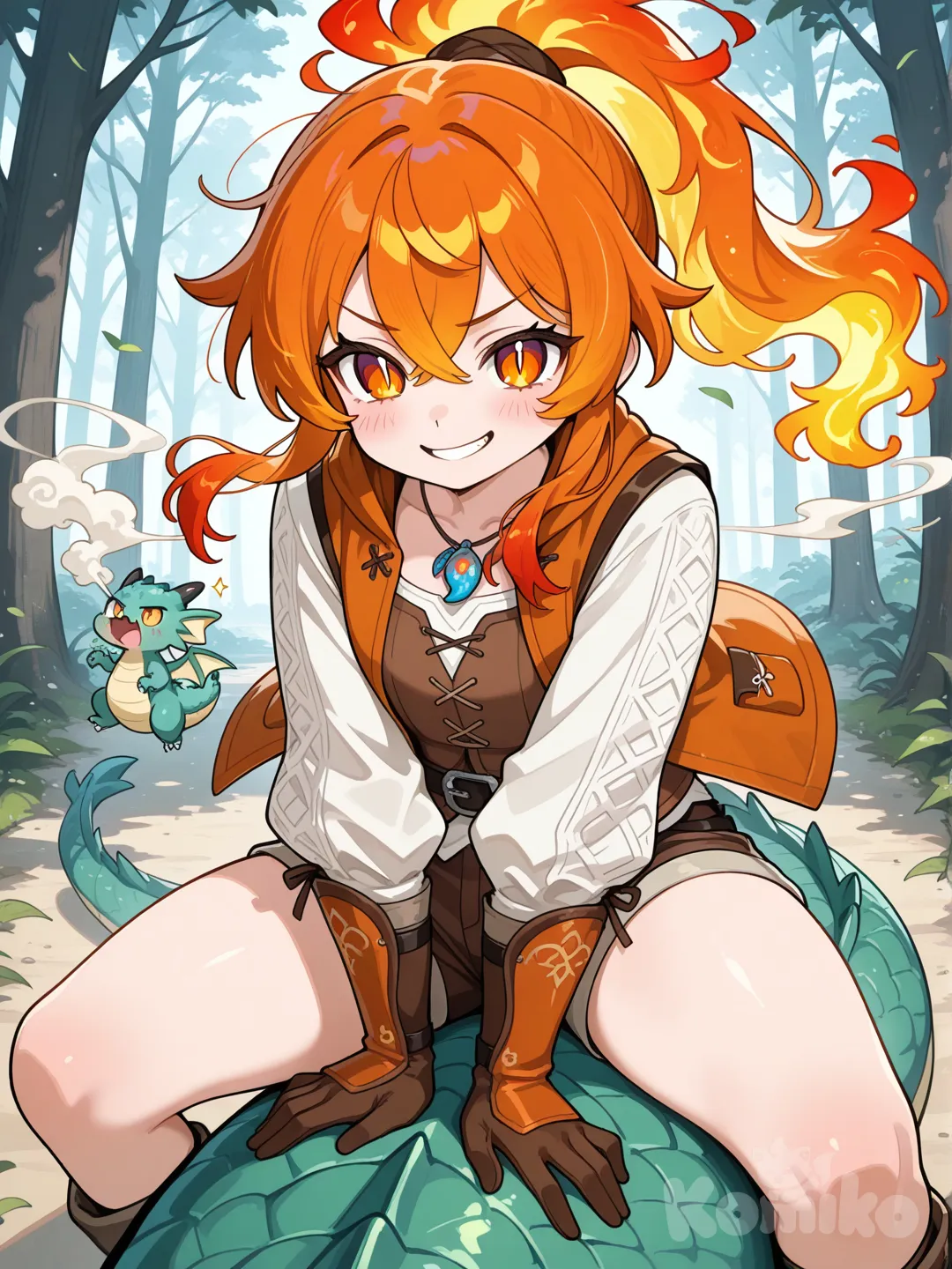 Action: Riding a tiny chubby dragon that puffs harmless smoke
Hair: Fiery orange hair tied in a messy half-up ponytail
Eyes: Warm golden-brown eyes with slit pupils
Clothes: Brown adventurer vest, short shorts, gloves, and a dragon-scale necklace
Vibe: Adventurous, confident, adorable chaos