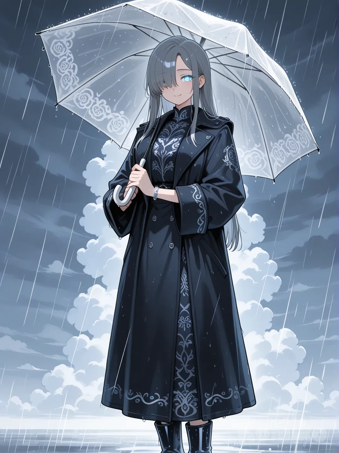 Action: Holding an umbrella while tiny rain clouds circle above
Hair: Straight charcoal-gray hair covering one eye
Eyes: Pale icy-blue eyes with a soft glow
Clothes: Long dark coat with water-drop embroidery, rain boots, silver bracelets that jingle like raindrops
Vibe: Quiet, gentle, introverted