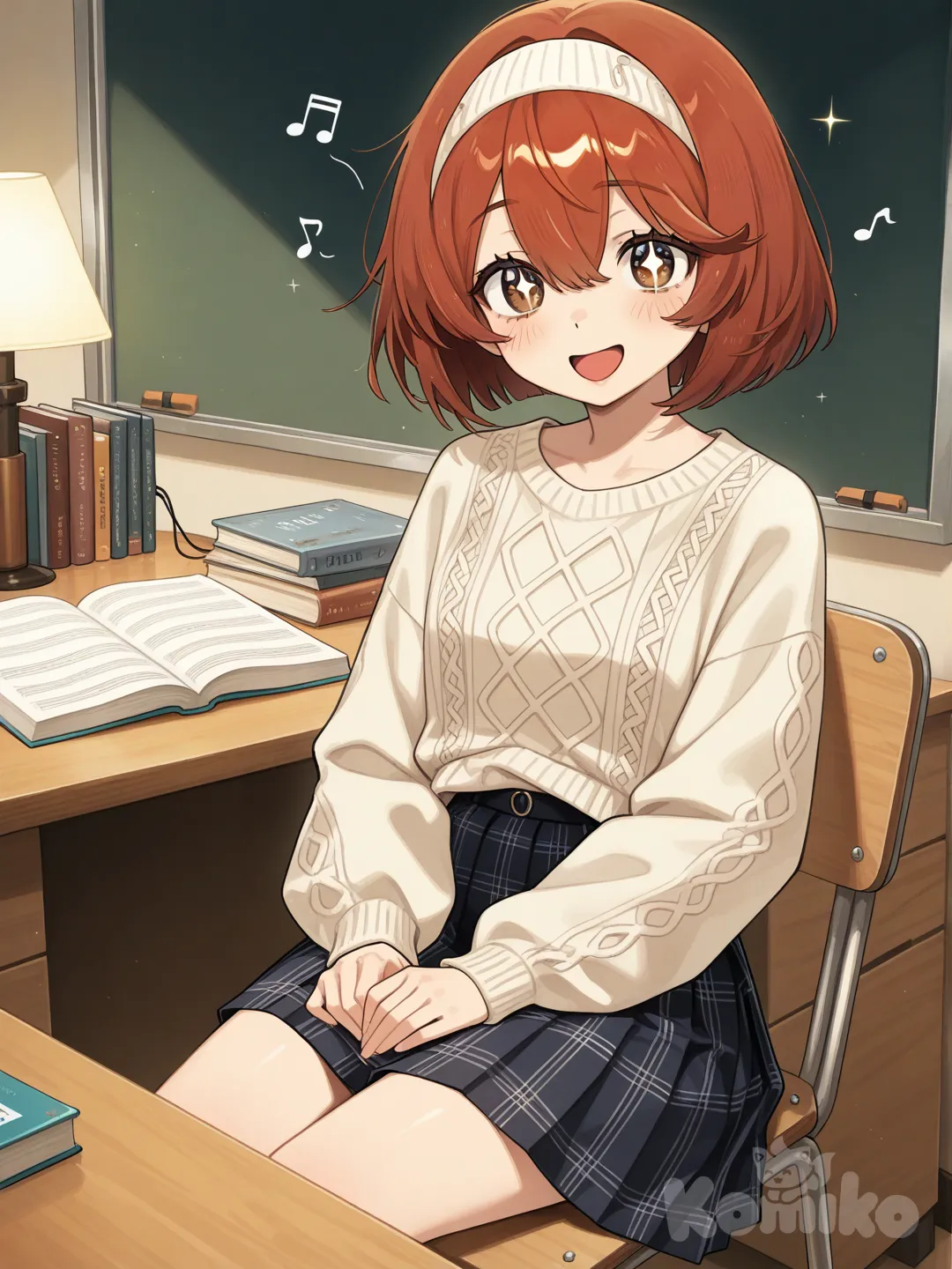 Action: Highlighting a textbook while humming
Hair: Dark auburn bob
Eyes: Brown with subtle sparkles
Clothes: Light sweater, pleated skirt, simple headband
Personality: Polite, helpful, softly energetic