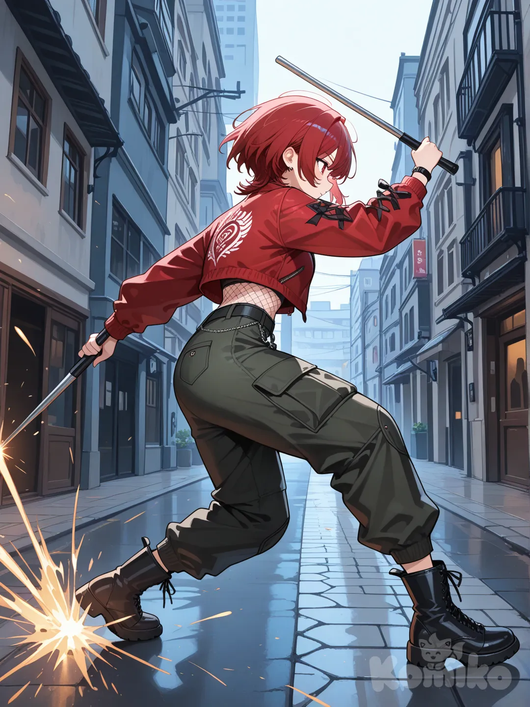 Black-and-red streetwear crop jacket, mesh undershirt, cargo pants, and steel-toed boots.
She slides across the pavement on her knees, sparks flying as she swings a metal baton behind her.