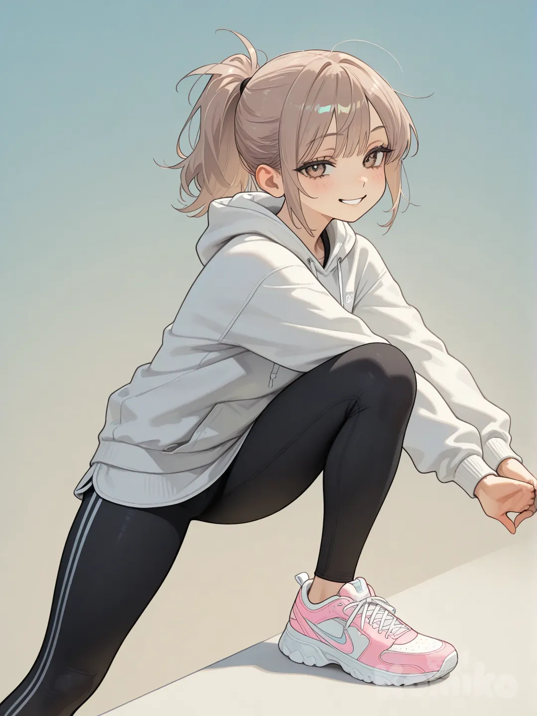 Action: Stretching before a run with a warm smile
Hair: Light brown ponytail with short flyaway strands
Eyes: Hazel with soft golden flecks
Clothes: Simple running hoodie, black leggings, pastel sneakers
Personality: Friendly, calm, early-bird energy