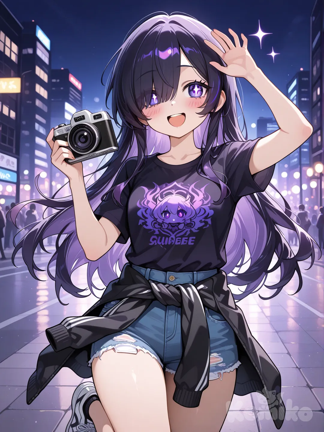 Action: Snapping a picture of something cute
Hair: Jet-black with bangs
Eyes: Dark violet
Clothes: Graphic tee, jacket tied around waist, shorts
Personality: Curious, excitable, observant
