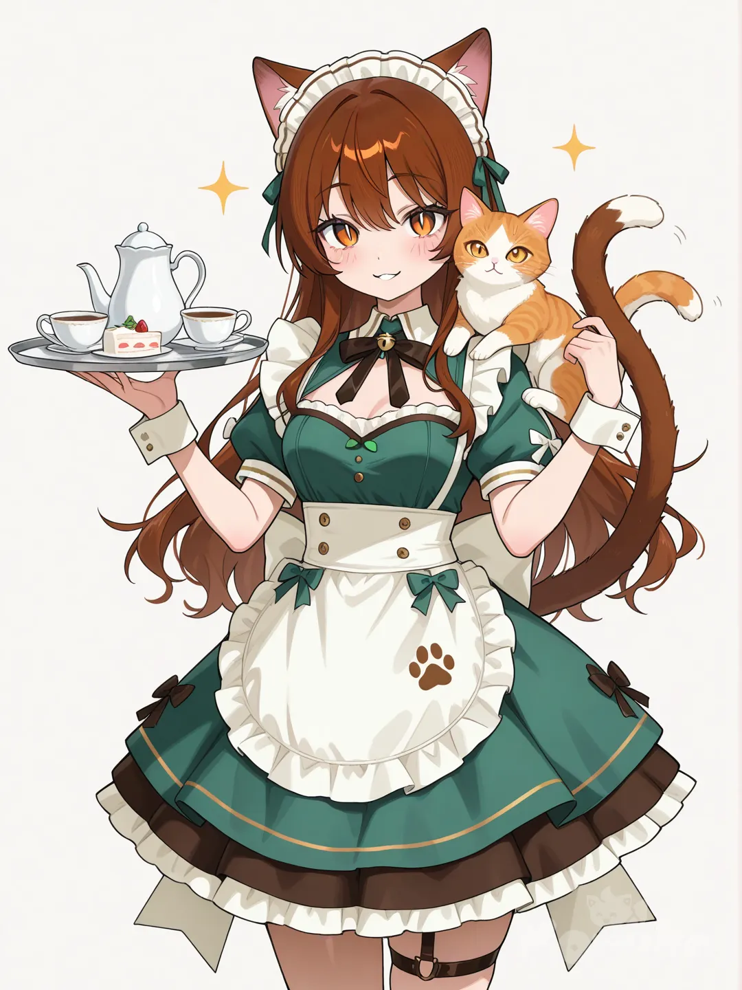 Action: Balancing tea and cakes flawlessly while three cats cling to her
Hair: Soft tawny-brown hair with cat ears peeking out
Eyes: Bright amber eyes with subtle cat pupils
Clothes: Mint-green café maid dress, paw-print apron, fluffy tail swaying
Vibe: Gentle, nurturing, a little clumsy