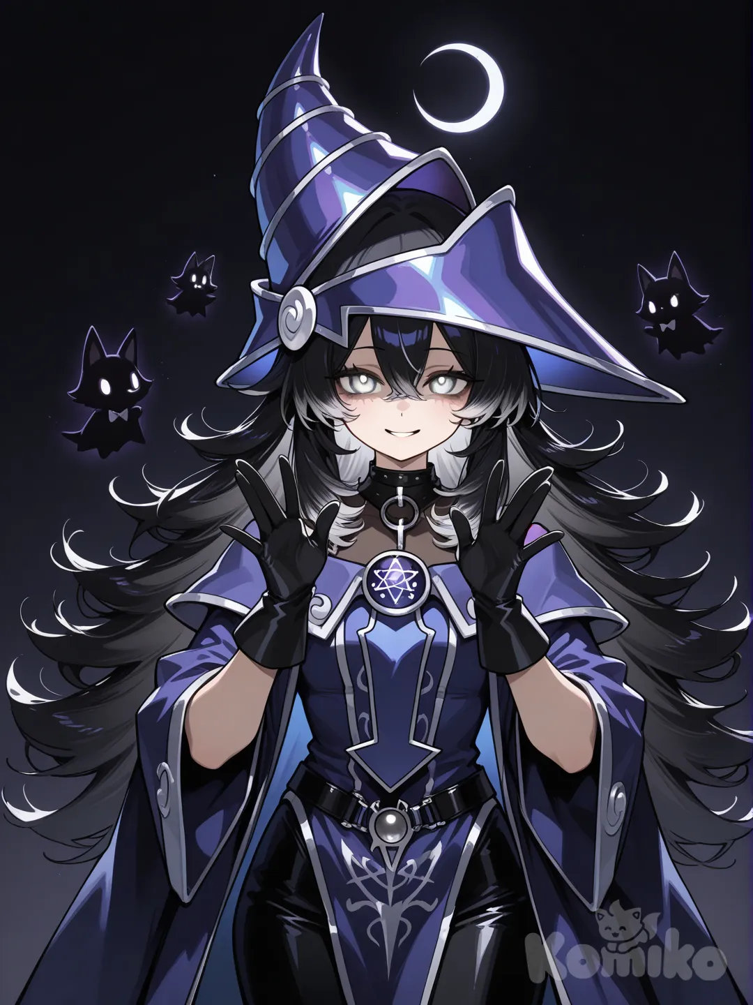 Action: Summoning shadow puppets shaped like animals
Hair: Silky jet-black hair cut into sharp layers
Eyes: Pale silver eyes that glow faintly in the dark
Clothes: Purple magician’s coat, black gloves, little crescent-moon hat
Vibe: Mysterious but soft-hearted