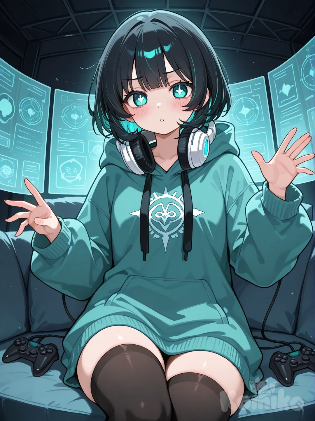 Action: Tapping on a floating holographic controller
Hair: Soft black bob with cyan streaks
Eyes: Bright teal eyes shaped slightly like hexagons
Clothes: Cozy oversized hoodie, thigh-high socks, tiny headset resting around her neck
Vibe: Cute, introverted, competitive