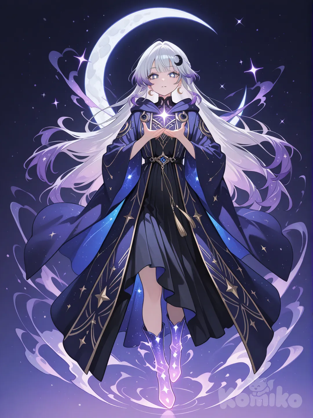 Action: Summoning floating crescent moons around her hands
Hair: Lavender hair that fades to silver at the tips
Eyes: Deep midnight-blue eyes with star-shaped pupils
Clothes: Flowing starry robe, moon-shaped earrings, soft glowing boots
Vibe: Calm, magical, ethereal