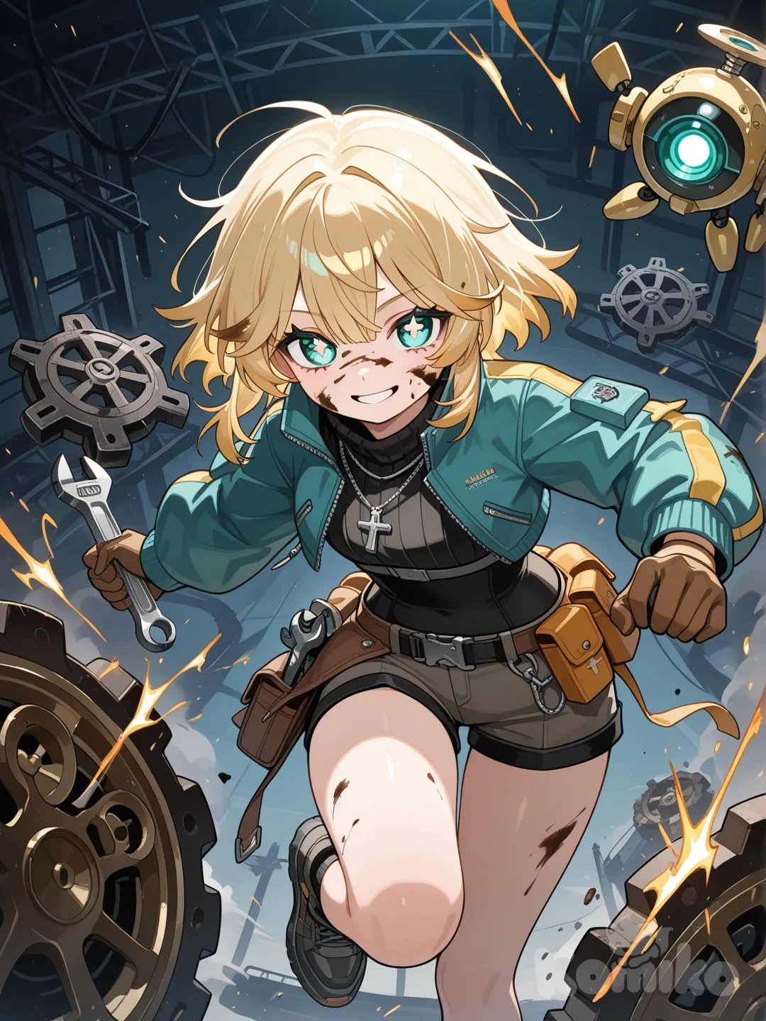 Action: Fixing a floating robot with a spark wrench
Hair: Short blond hair with messy bangs, oil smudges
Eyes: Bright teal with digital crosshairs
Clothes: Crop jacket, utility belt, shorts, gear necklace
Vibe: Energetic, cute, chaotic inventor energy