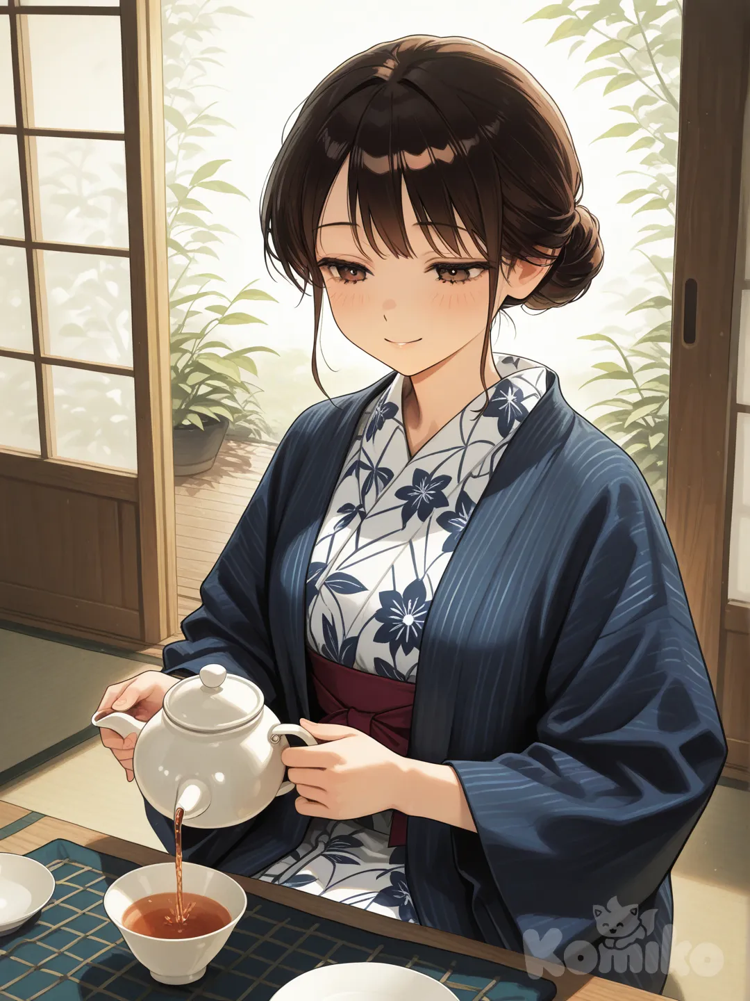 Action: Pouring warm tea with gentle precision
Hair: Glossy dark brown, tied in a neat bun
Eyes: Calm olive-brown
Clothes: Simple traditional yukata
Personality: Polite, peaceful, elegant