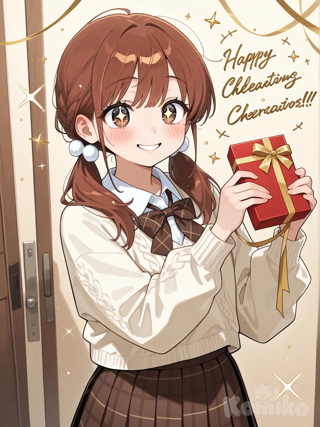 Action: Tying a ribbon on a small present
Hair: Soft reddish-brown in twin low ponytails
Eyes: Rose-brown
Clothes: Cute sweater, skirt combo
Personality: Sweet, thoughtful, loves celebrations